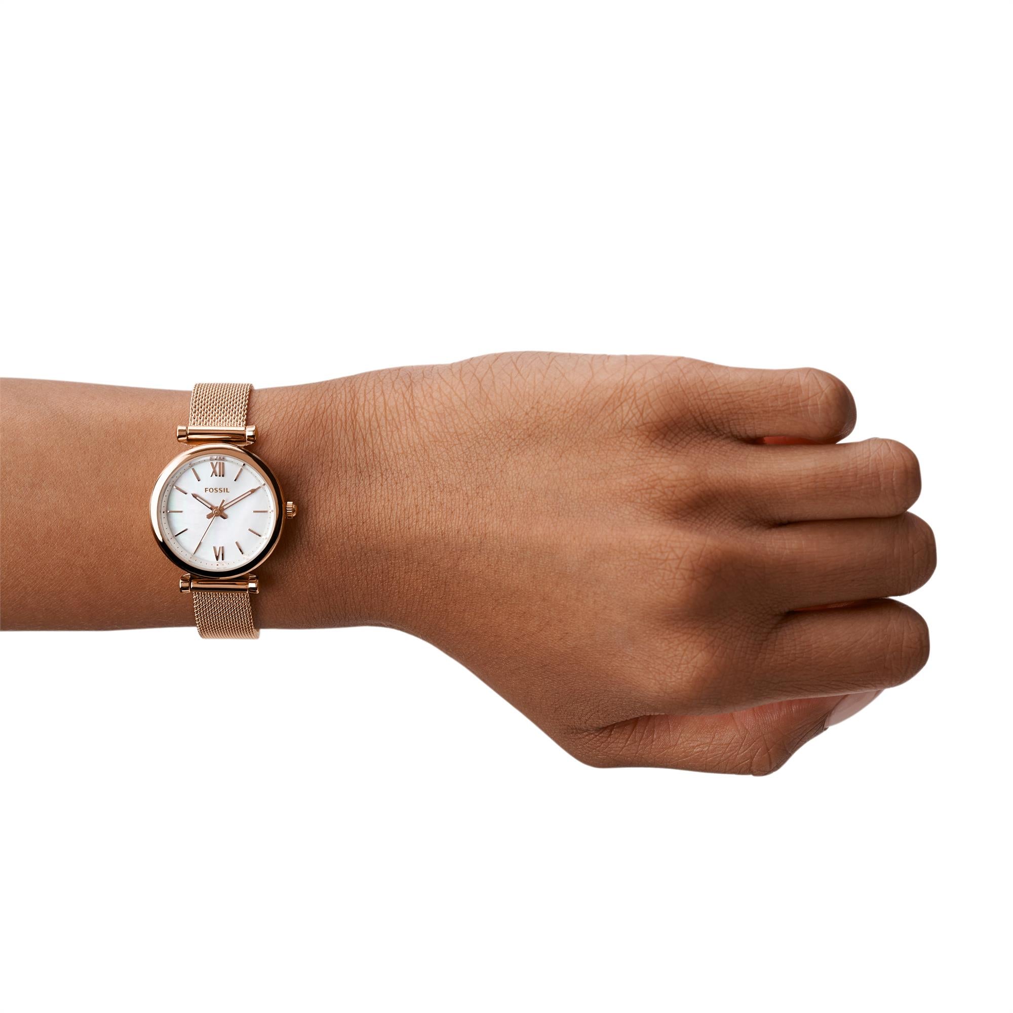 Fossil Carlie Mini Rose Gold-Tone Stainless Steel Mesh Bracelet White Mother of Pearl Dial Women's Watch ES4433