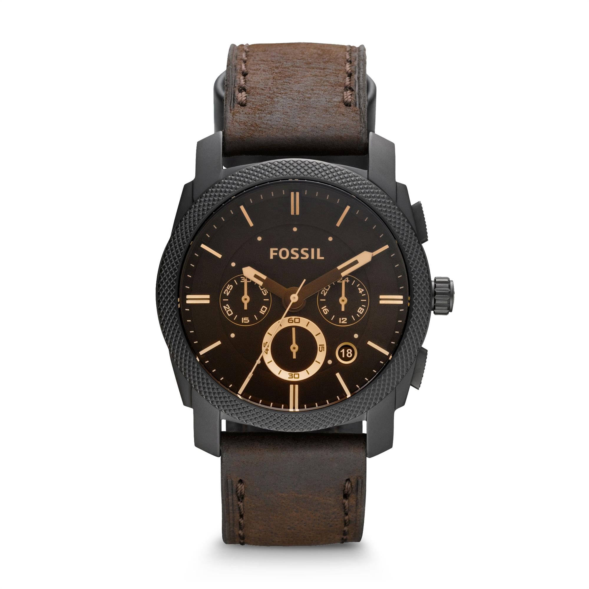 Fossil Machine Chronograph Brown Leather Strap Black Dial Men's Watch FS4656
