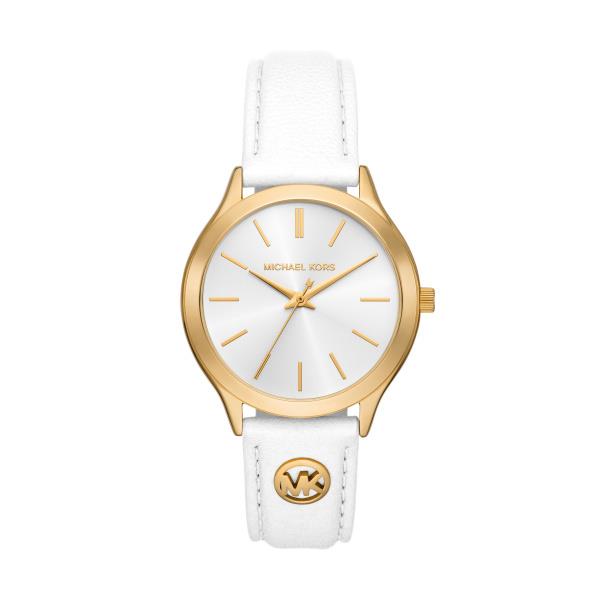 Michael Kors Slim Runway White Leather Strap Gold-Tone Case Silver Dial Women's Watch MK7466