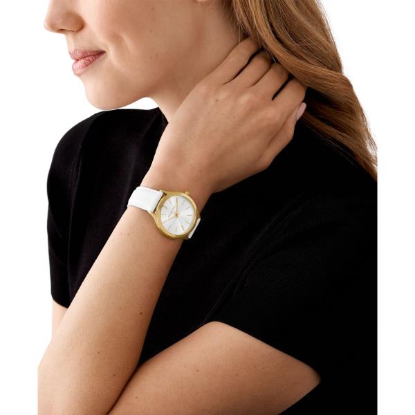 Michael Kors Slim Runway White Leather Strap Gold-Tone Case Silver Dial Women's Watch MK7466