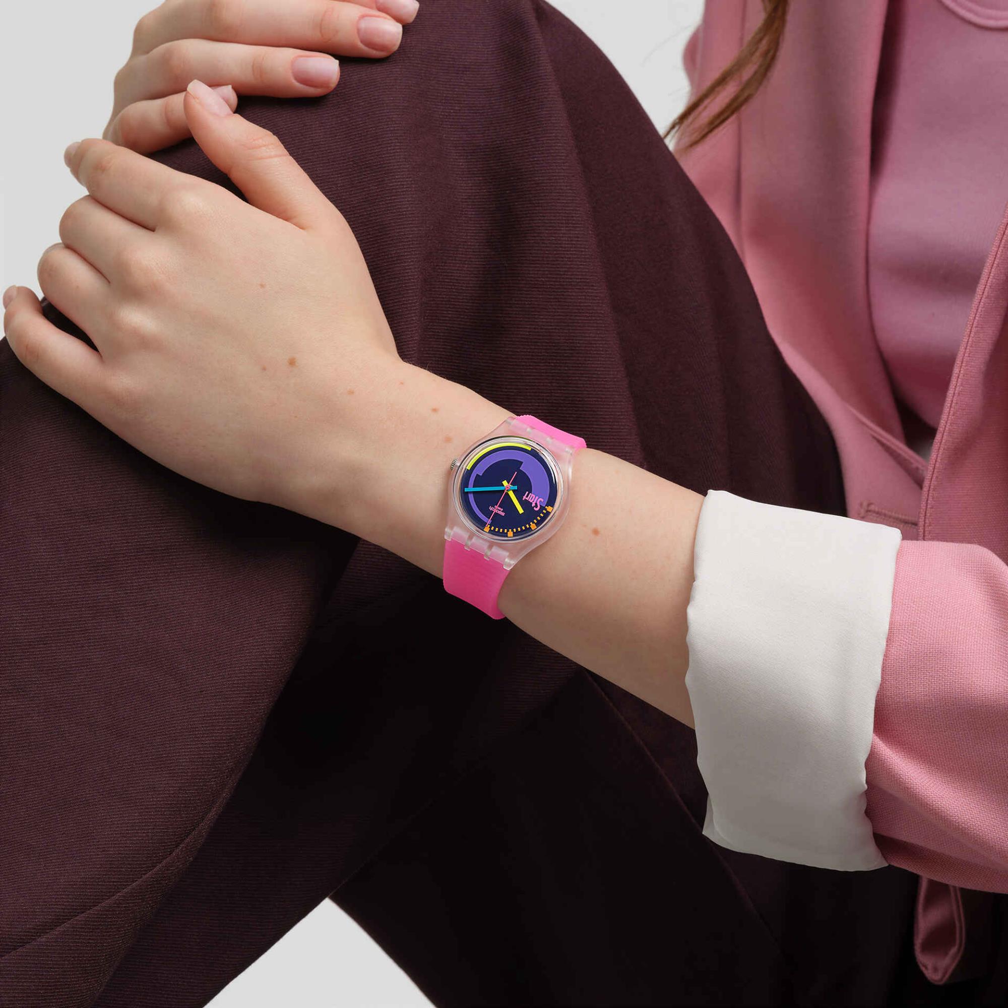 Swatch Neon Pink Podium Multi-coloured Dial Transparent Matte Pink Silicone Strap Watch SO28K111