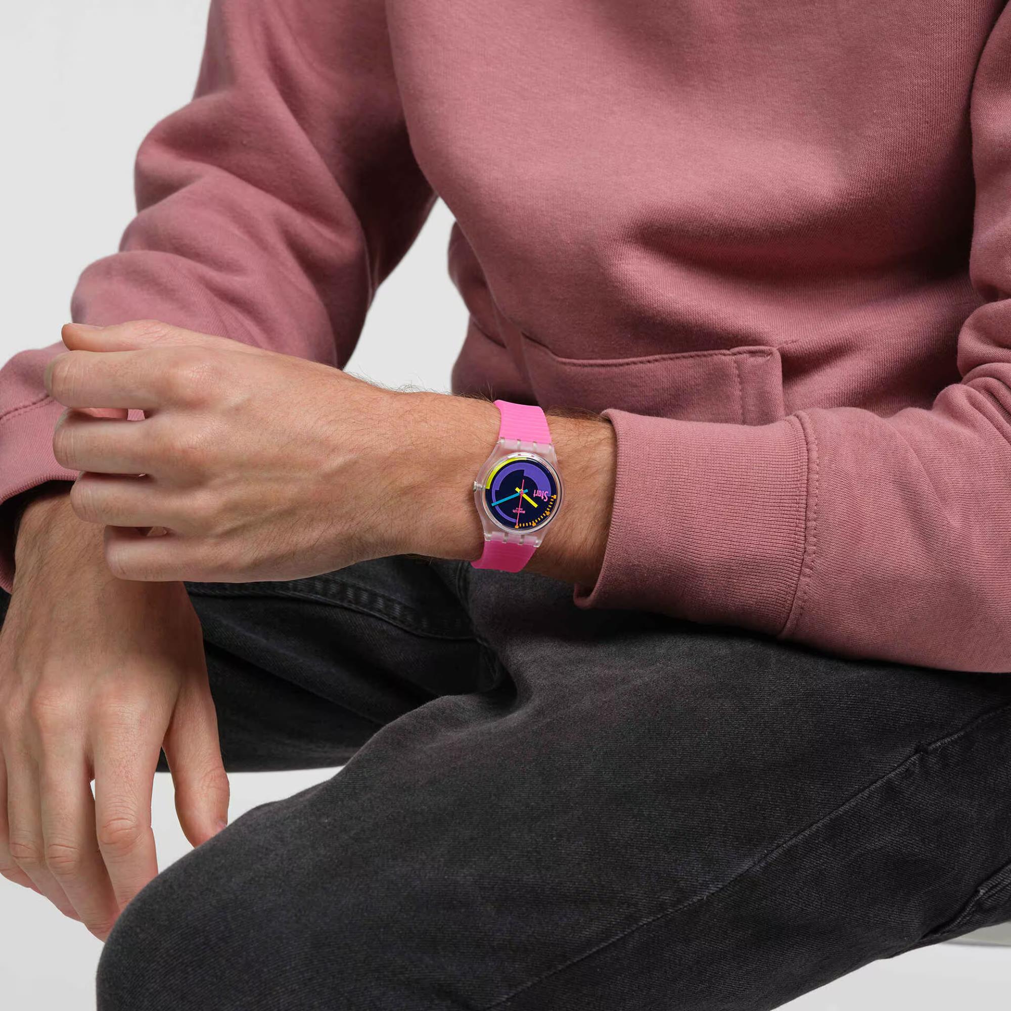 Swatch Neon Pink Podium Multi-coloured Dial Transparent Matte Pink Silicone Strap Watch SO28K111