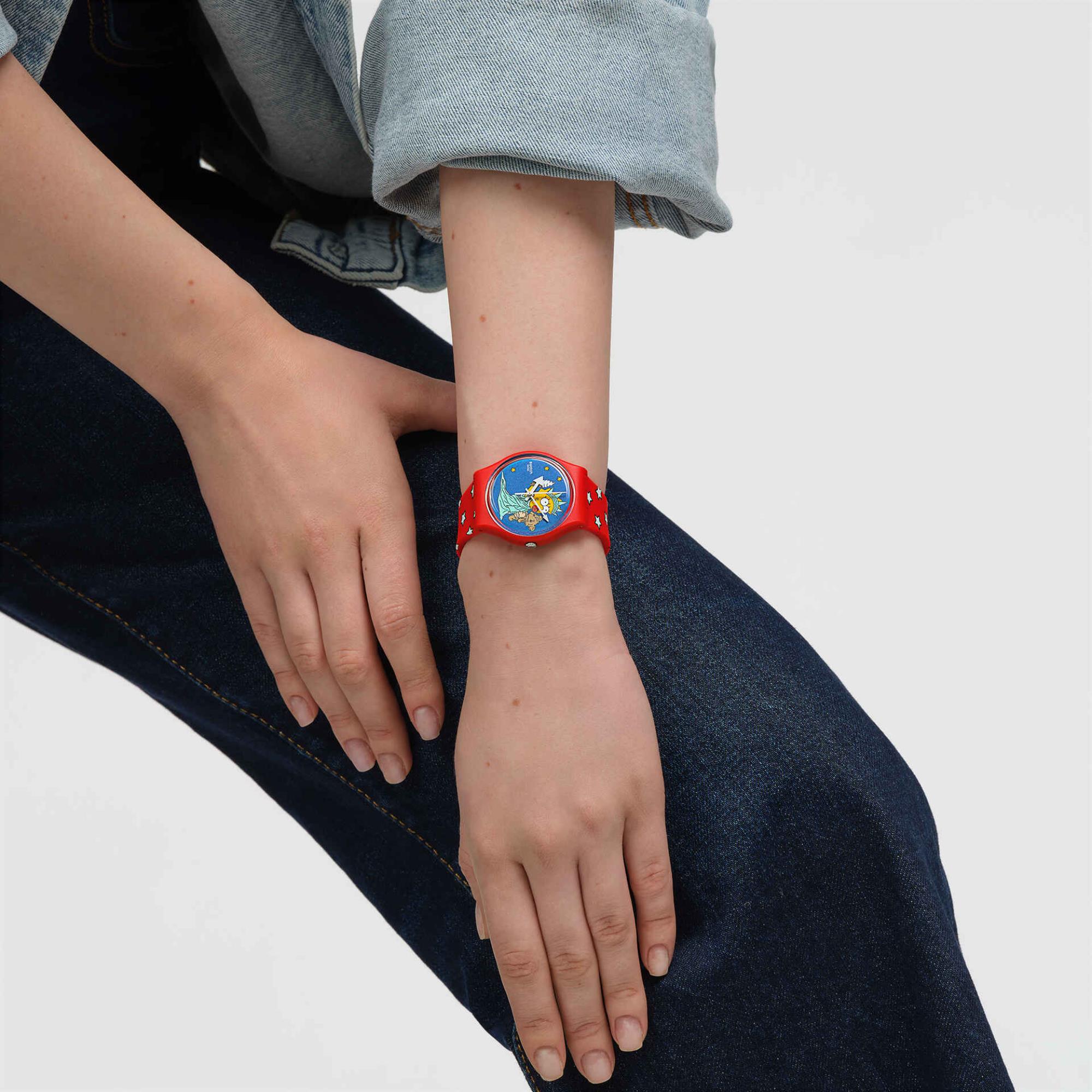Swatch Little Lady Liberty Blue Dial Silicon Strap Unisex Watch SO28Z120