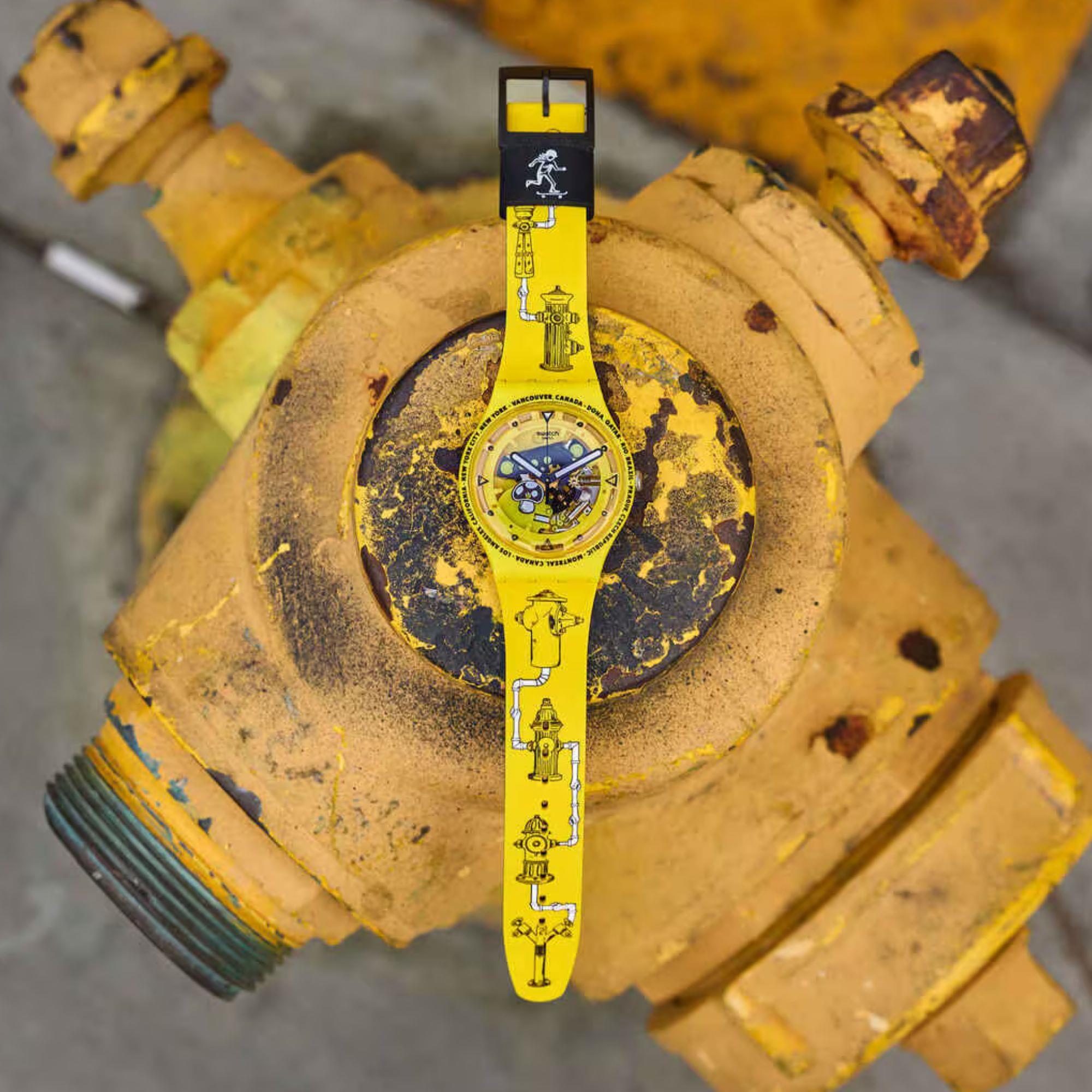 Swatch TIME WITH ANDY ANDERSON Yellow Dial Silicone Strap Unisex Watch SO29J101
