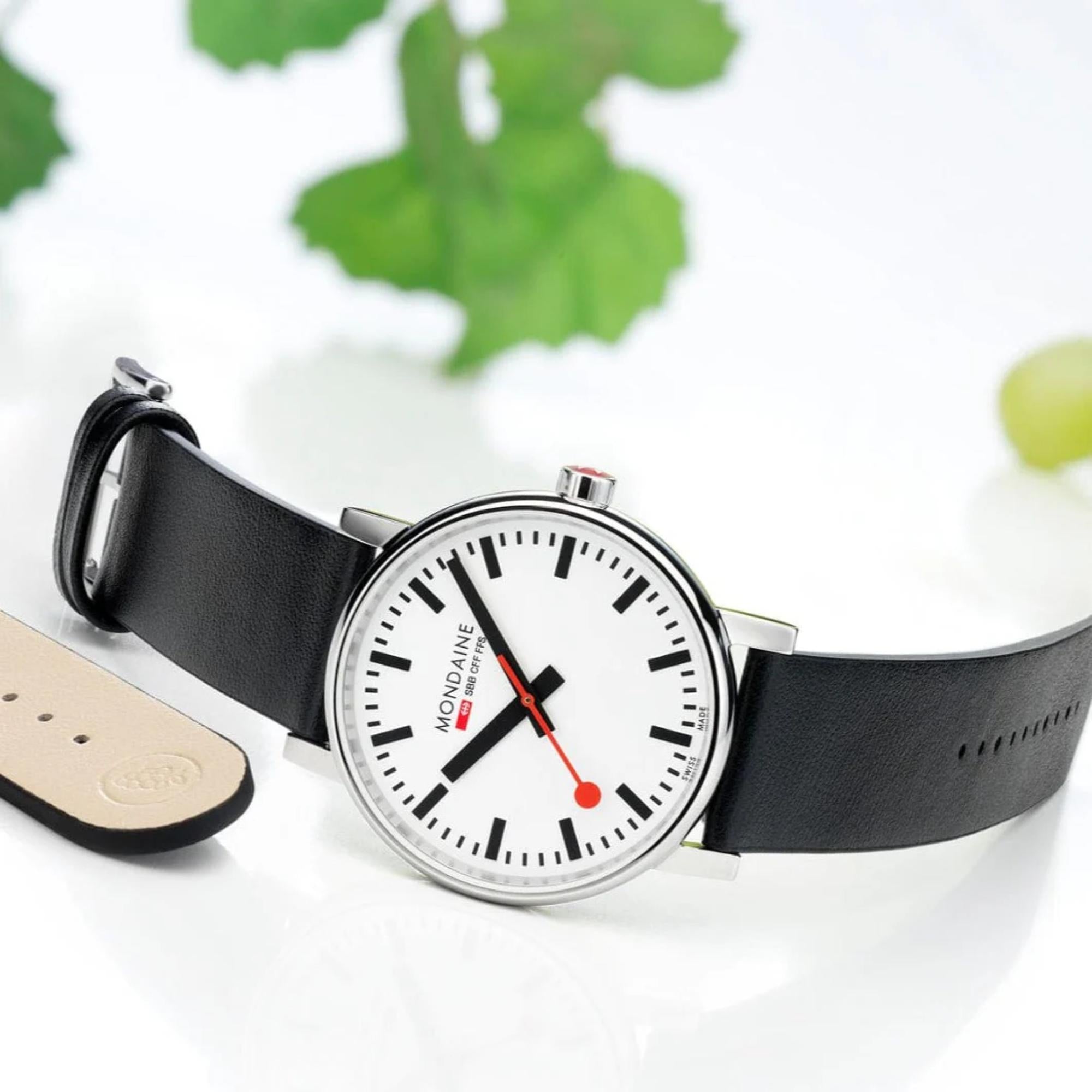 Mondaine evo2 Black Vegan Grape Leather White Dial Men’s Watch MSE.40110.LBV