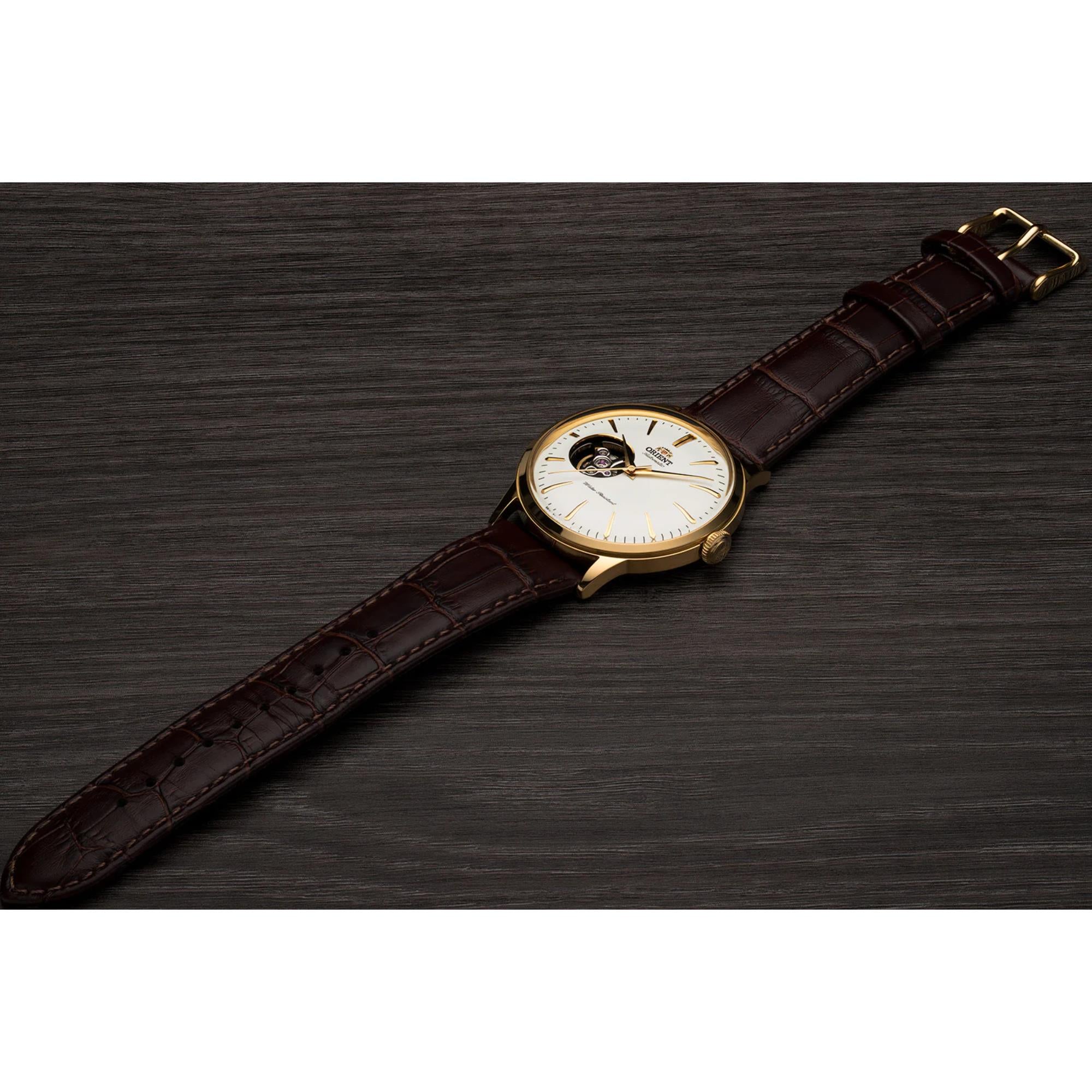 Orient Bambino Open Heart Cream Dial Brown Leather Strap Men’s Watch RA-AG0003S30B