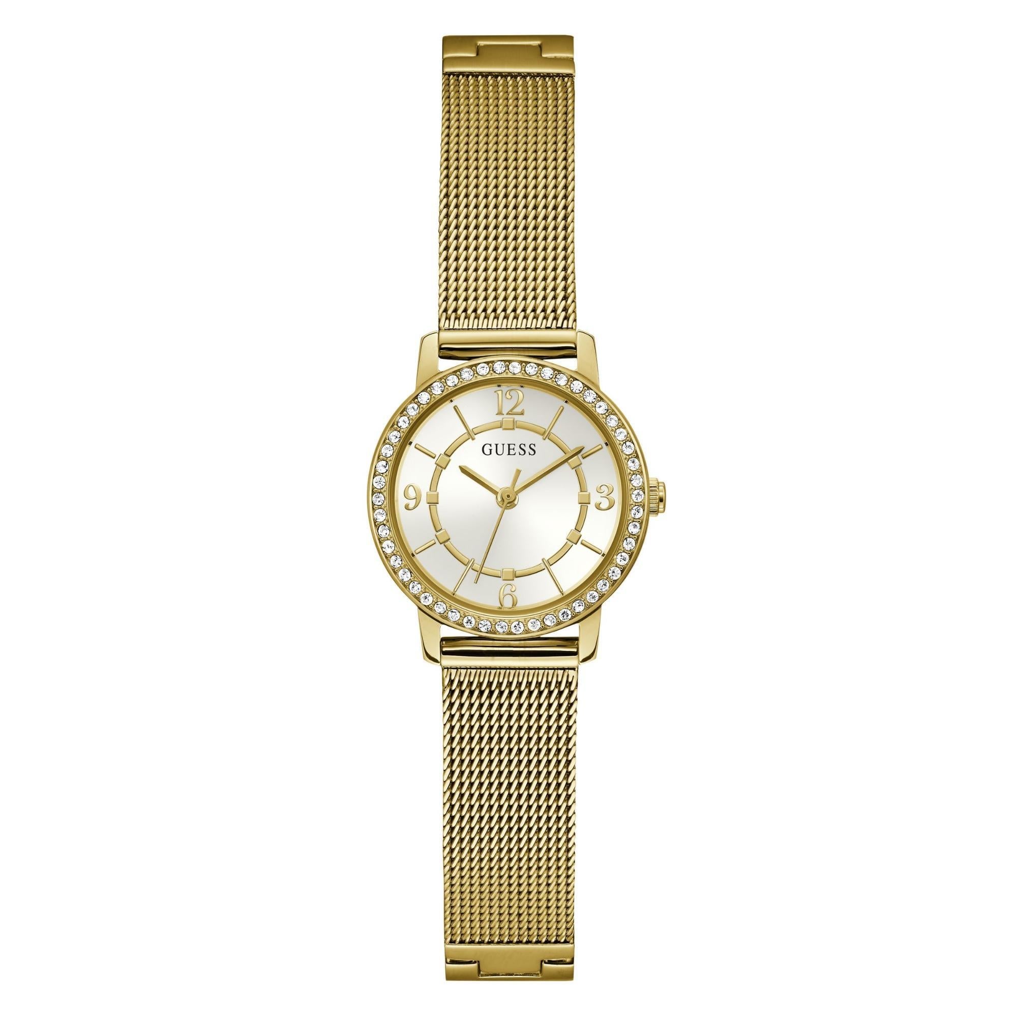 GUESS Gold Tone Analog White Dial Stainless Steel Strap Ladies Watch GW0534L2