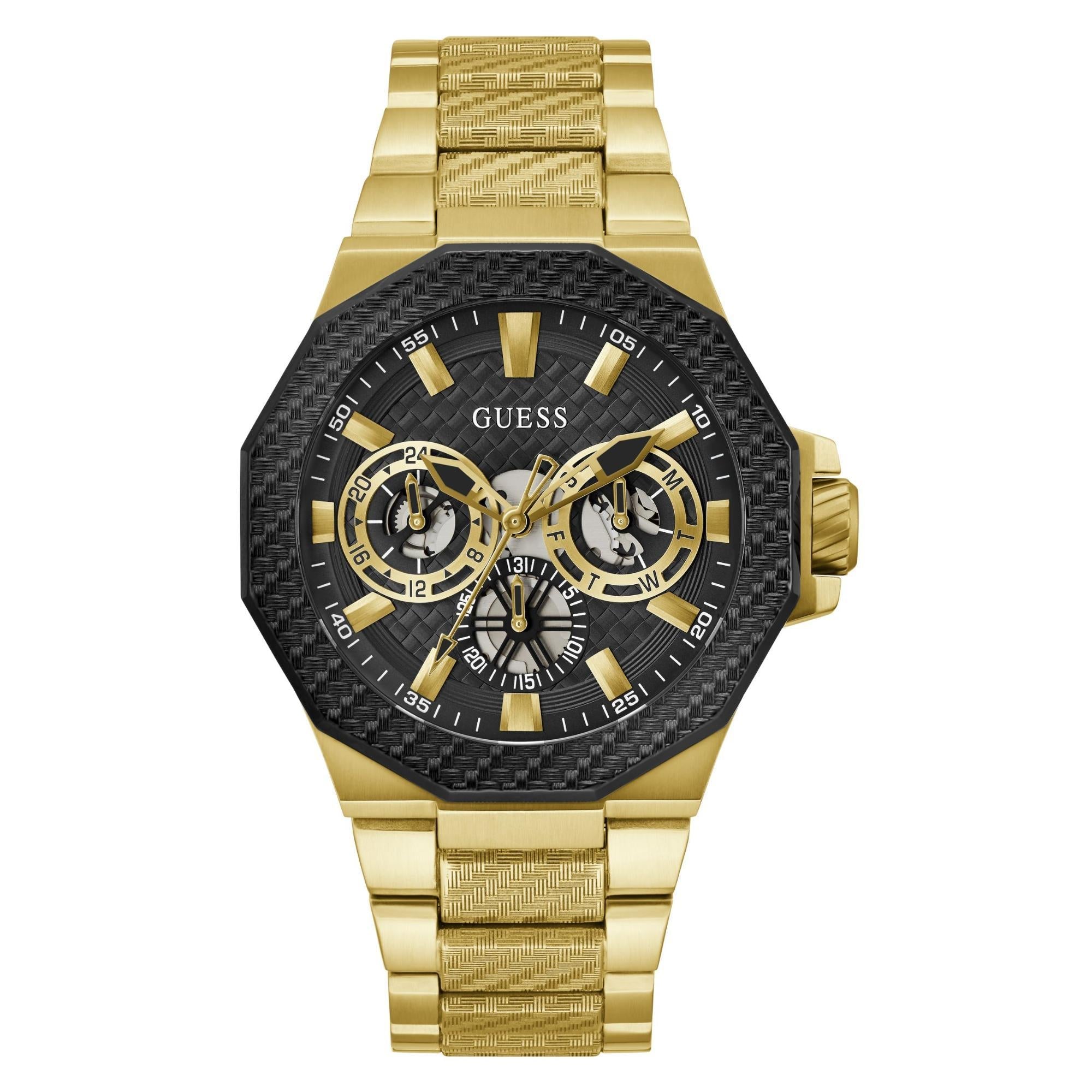 GUESS Gold 2-Tone Multi-Function Stainless Steel Black Dial Men's Watch GW0636G2