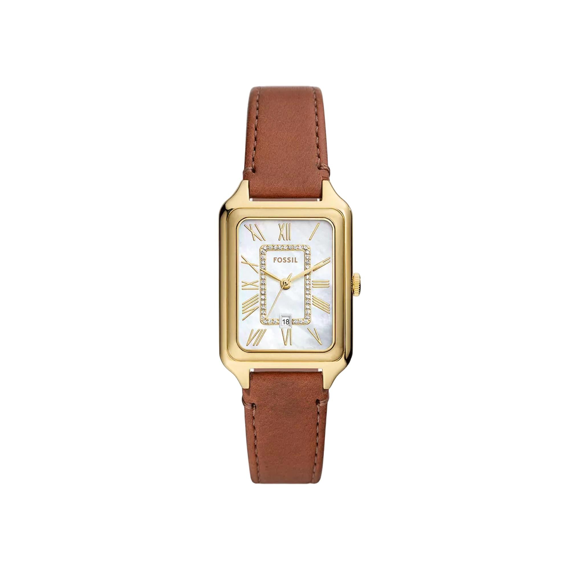 Fossil Raquel Date Medium Brown Leather White Mother of Pearl Dial Women’s Watch ES5307