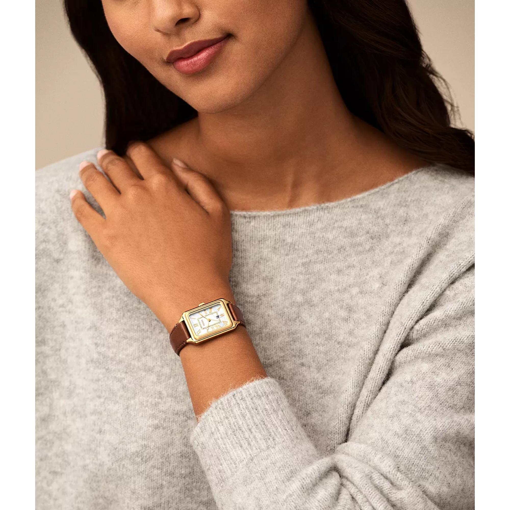 Fossil Raquel Date Medium Brown Leather White Mother of Pearl Dial Women’s Watch ES5307