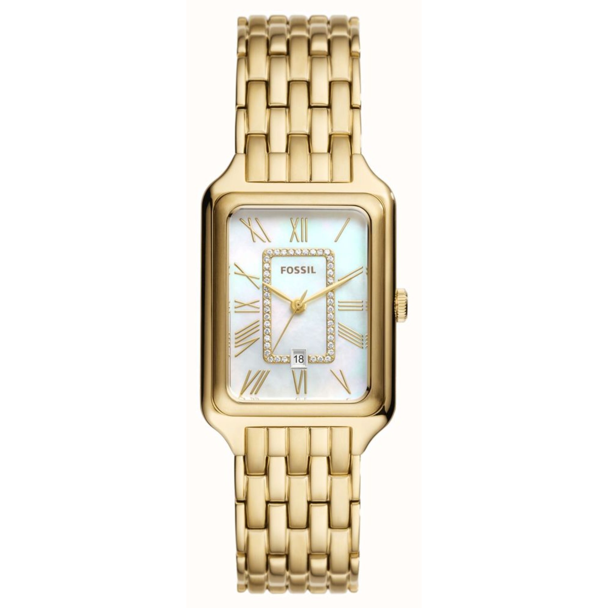 Fossil Raquel Date Gold-Tone Stainless Steel White Mother of Pearl Dial Women’s Watch ES5304