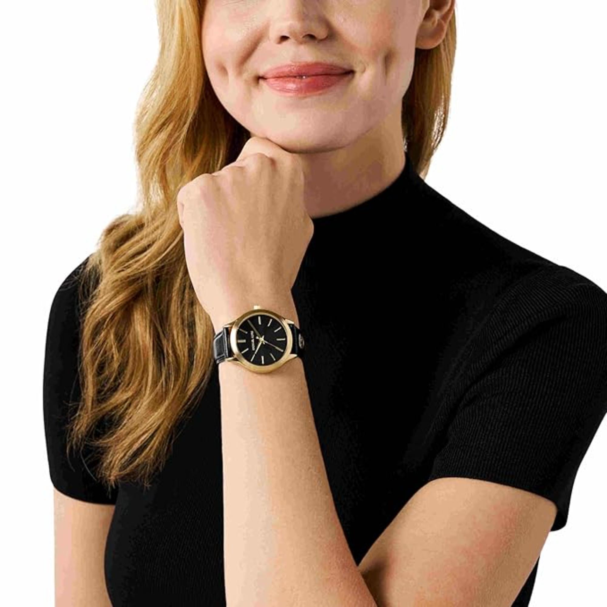 Michael Kors Slim Runway Black Leather Strap Black Dial Women’s Watch MK7482