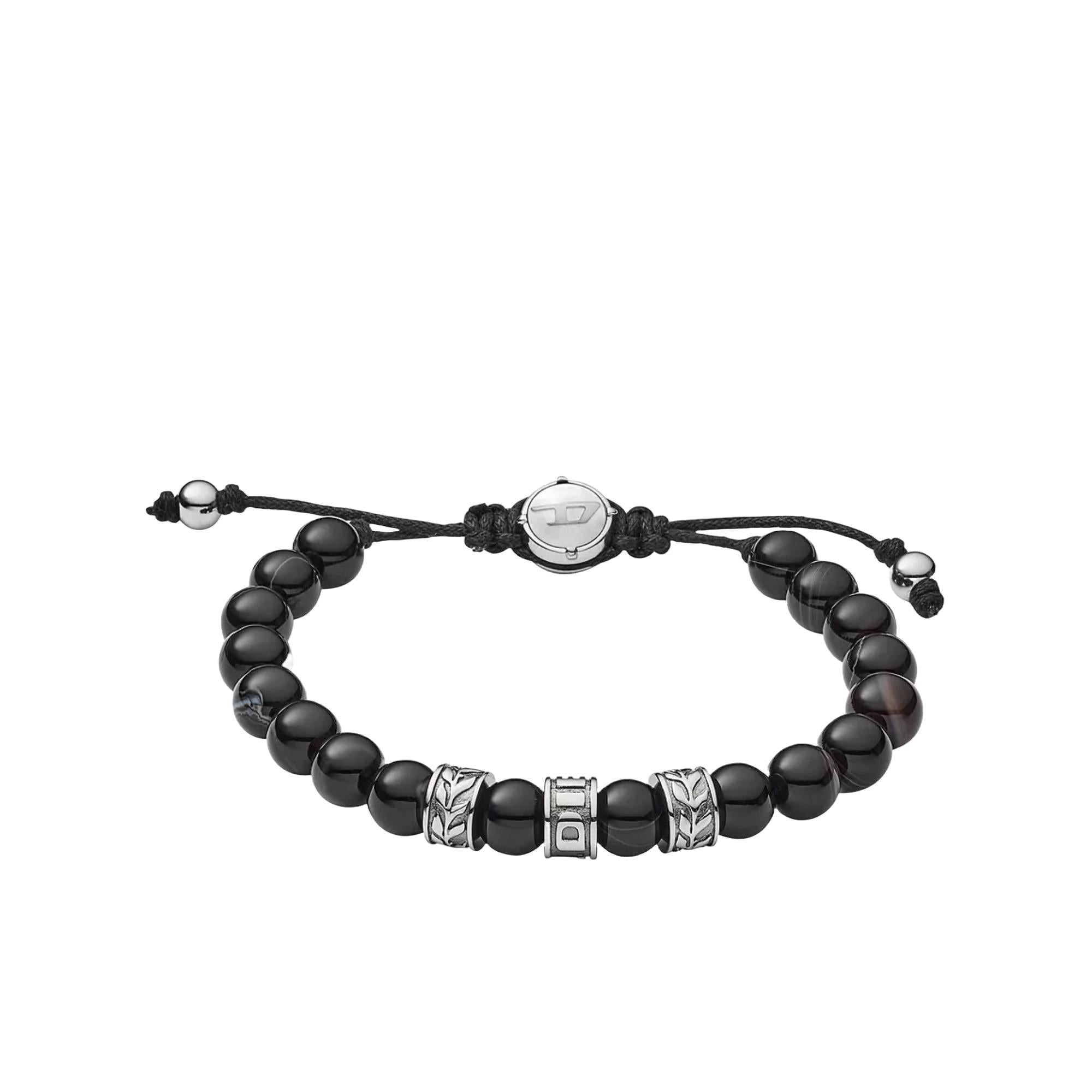 Diesel Stainless Steel and Black Line Agate Bead Men's Bracelet DX1101040