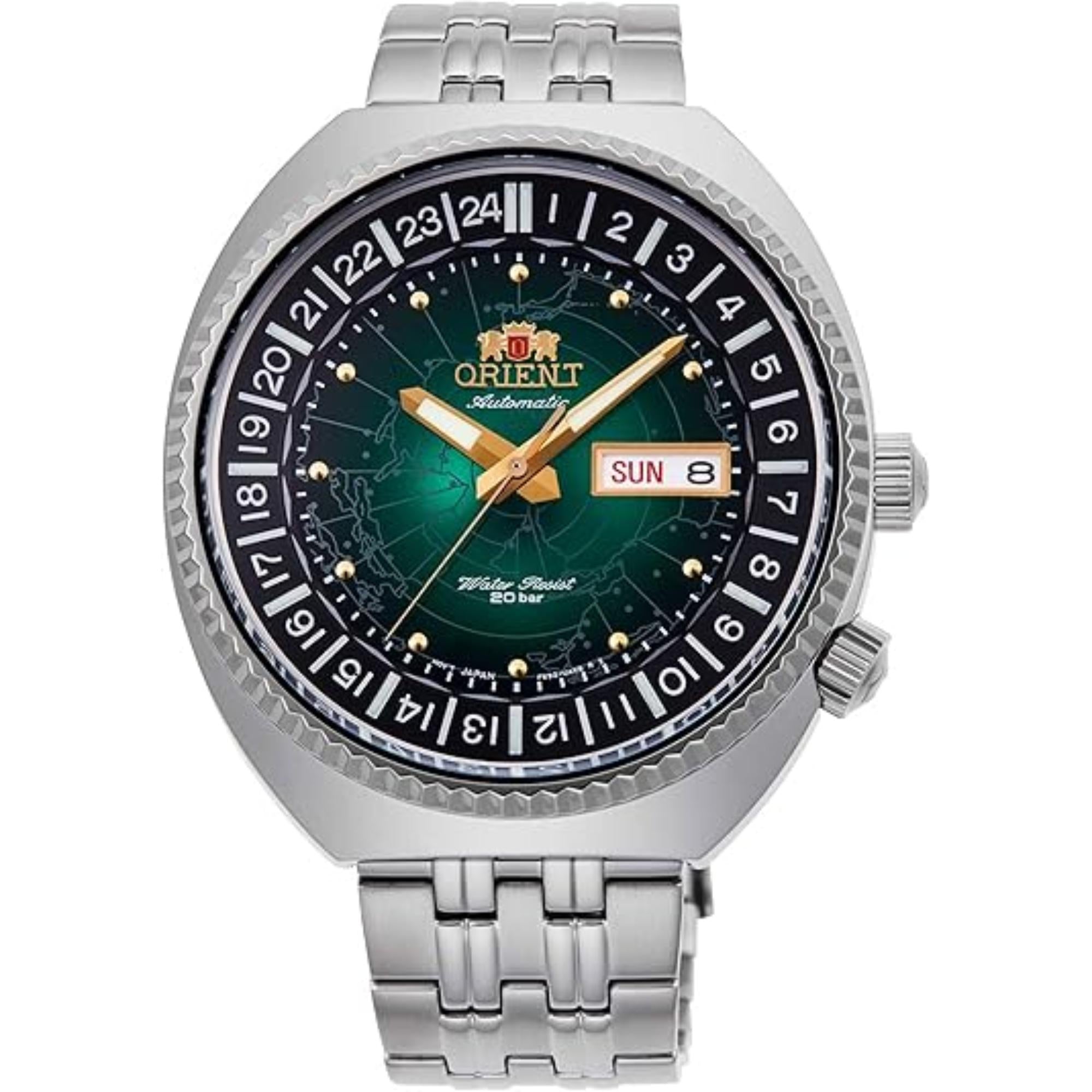 Orient World Map 43mm Revival Green Dial Steel Mens Automatic Watch RA-AA0E02E19B