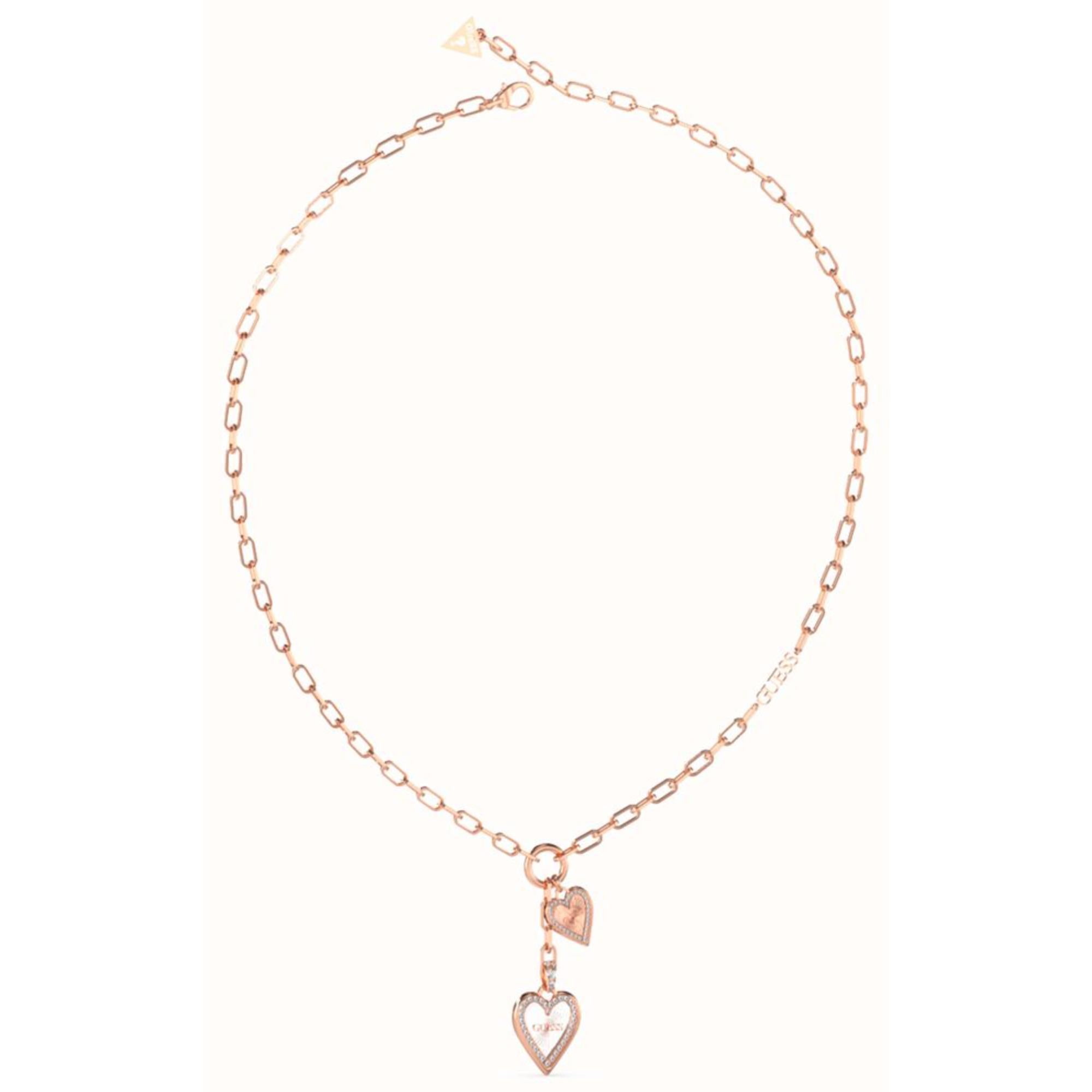 Guess Women’s Love Me Tender Rhodium and Rose Gold-Plated Double Heart Paper link Necklace UBN03234RHRG