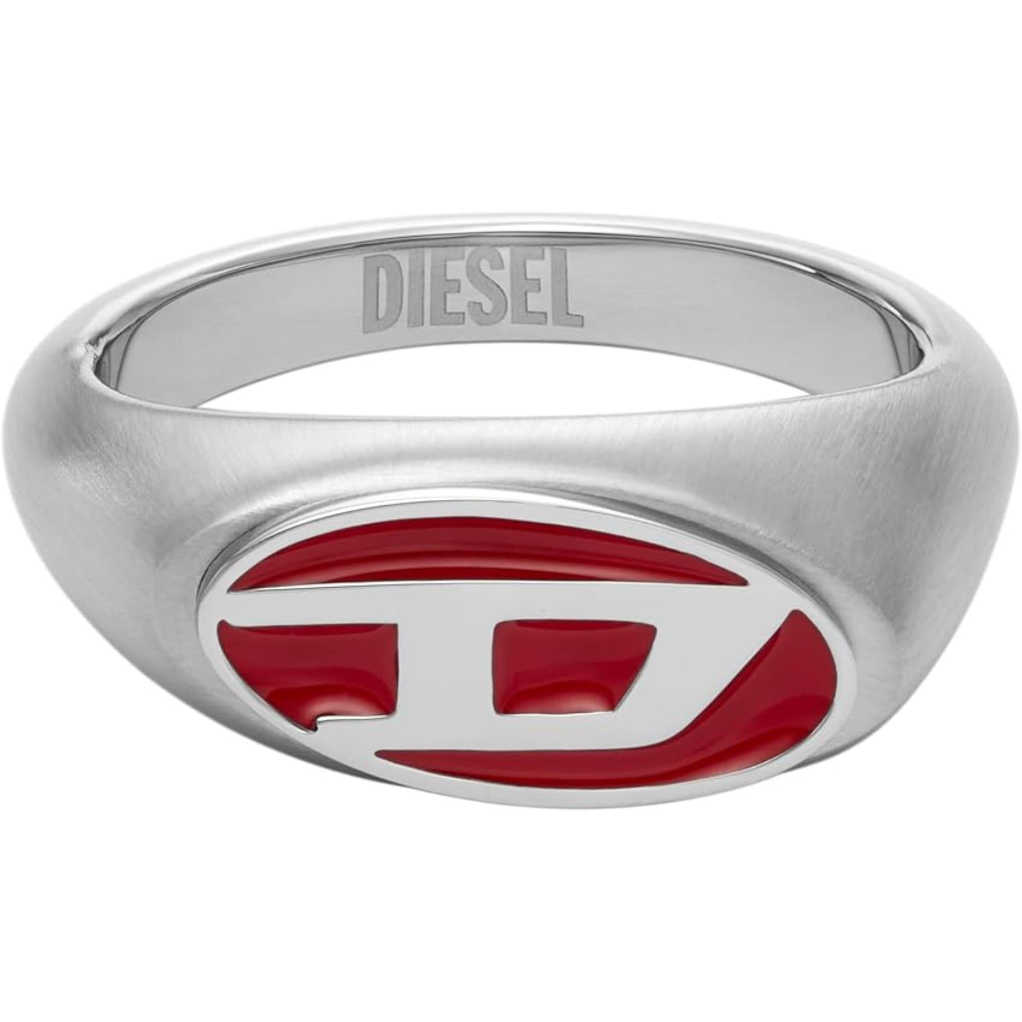 Diesel Unisex Red Lacquer & Silver Stainless Steel Logo Signet Ring DX1444040-10