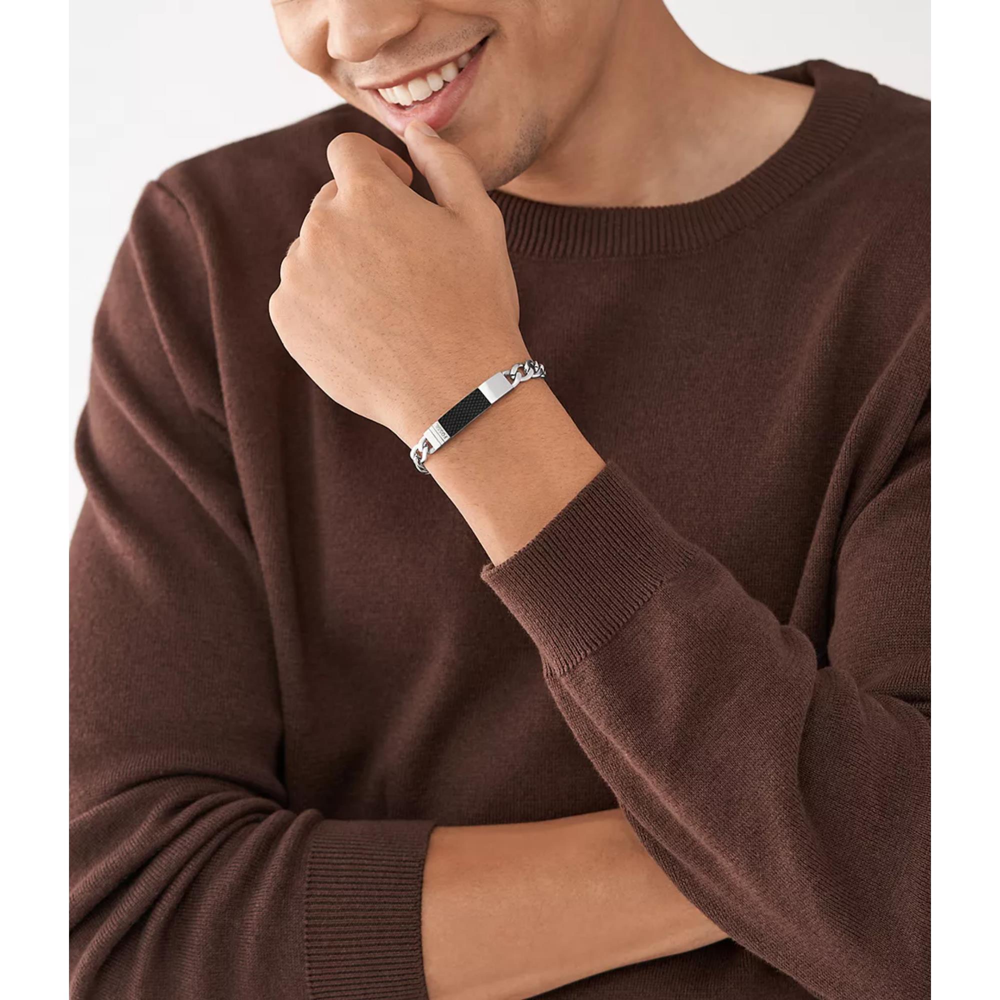 Fossil Textured Plaque Stainless Steel Chain Men's Bracelet JF04411040