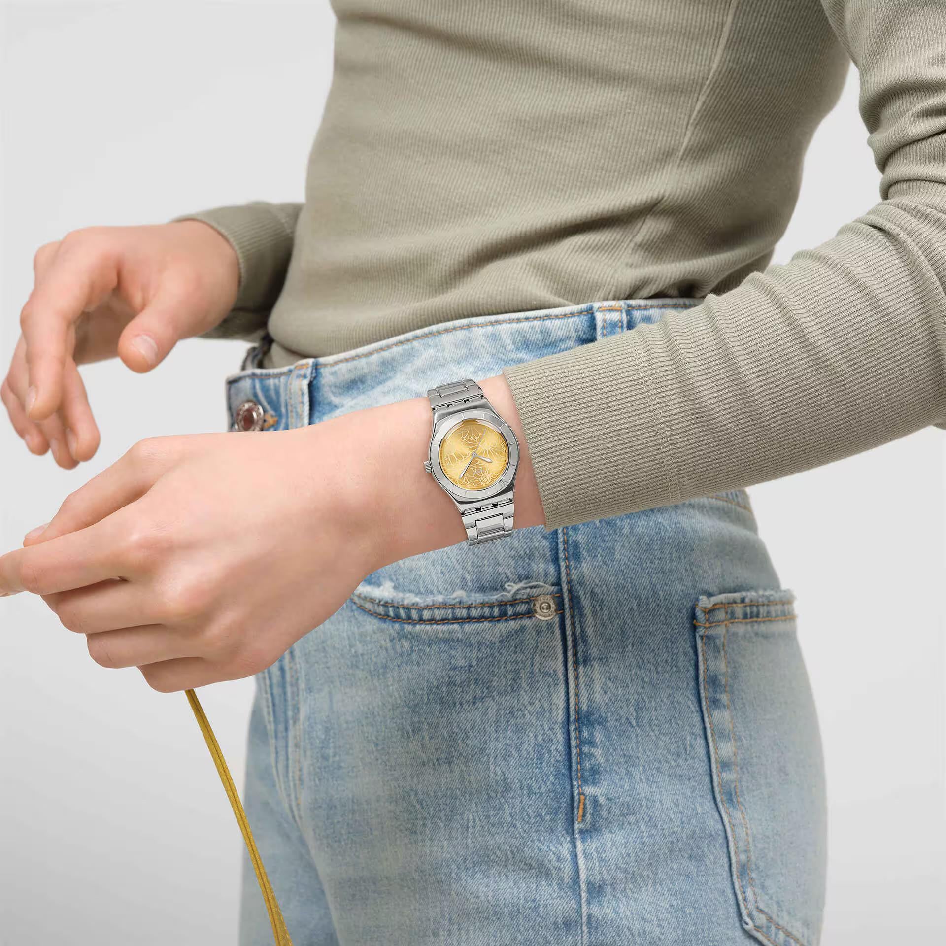 Swatch Petal Swirl Yellow Dial Stainless Steel Strap Unisex Watch YLS236G