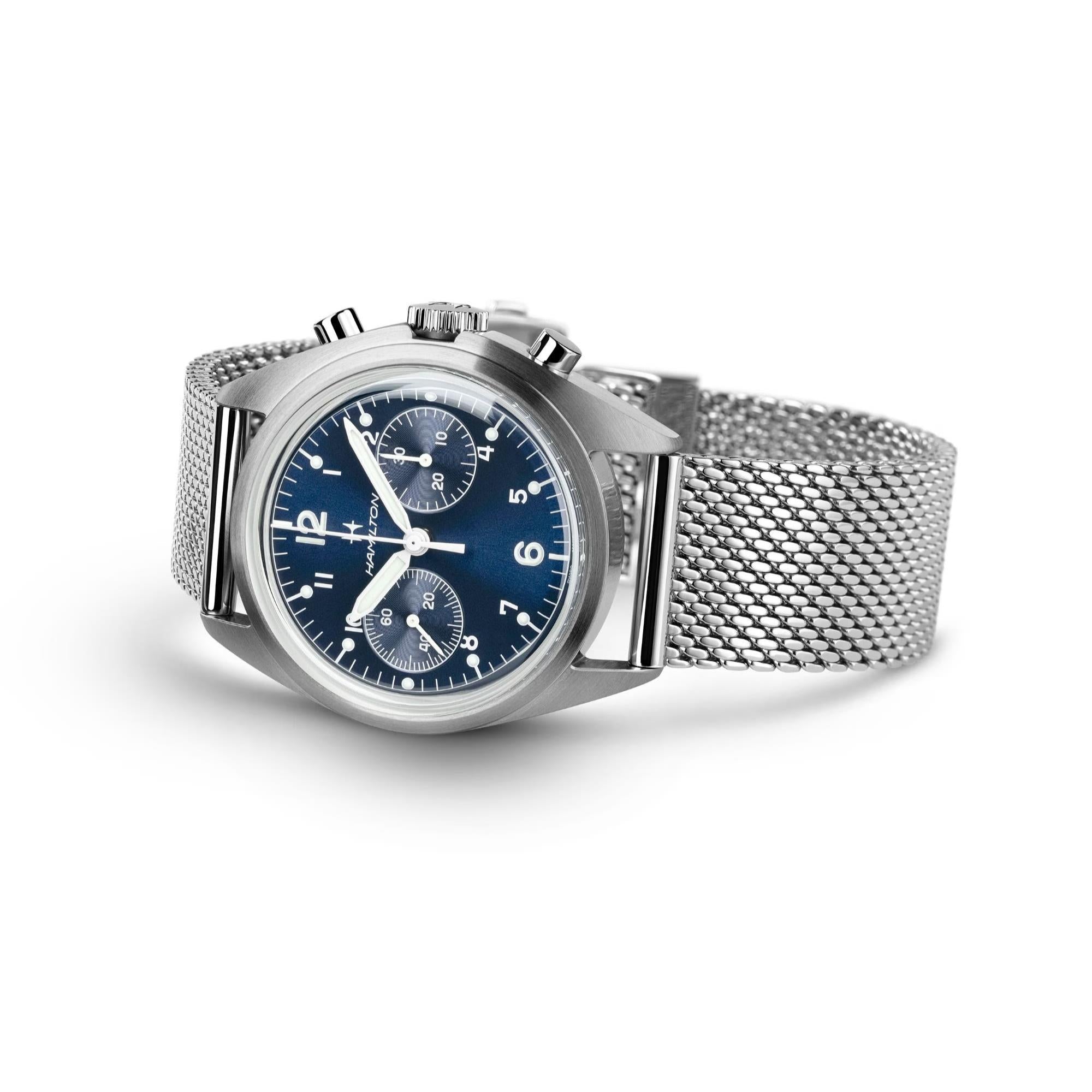 Hamilton Khaki Aviation Pilot Pioneer Mechanical Chronograph Blue Dial Steel Strap Men's Watch H76409140