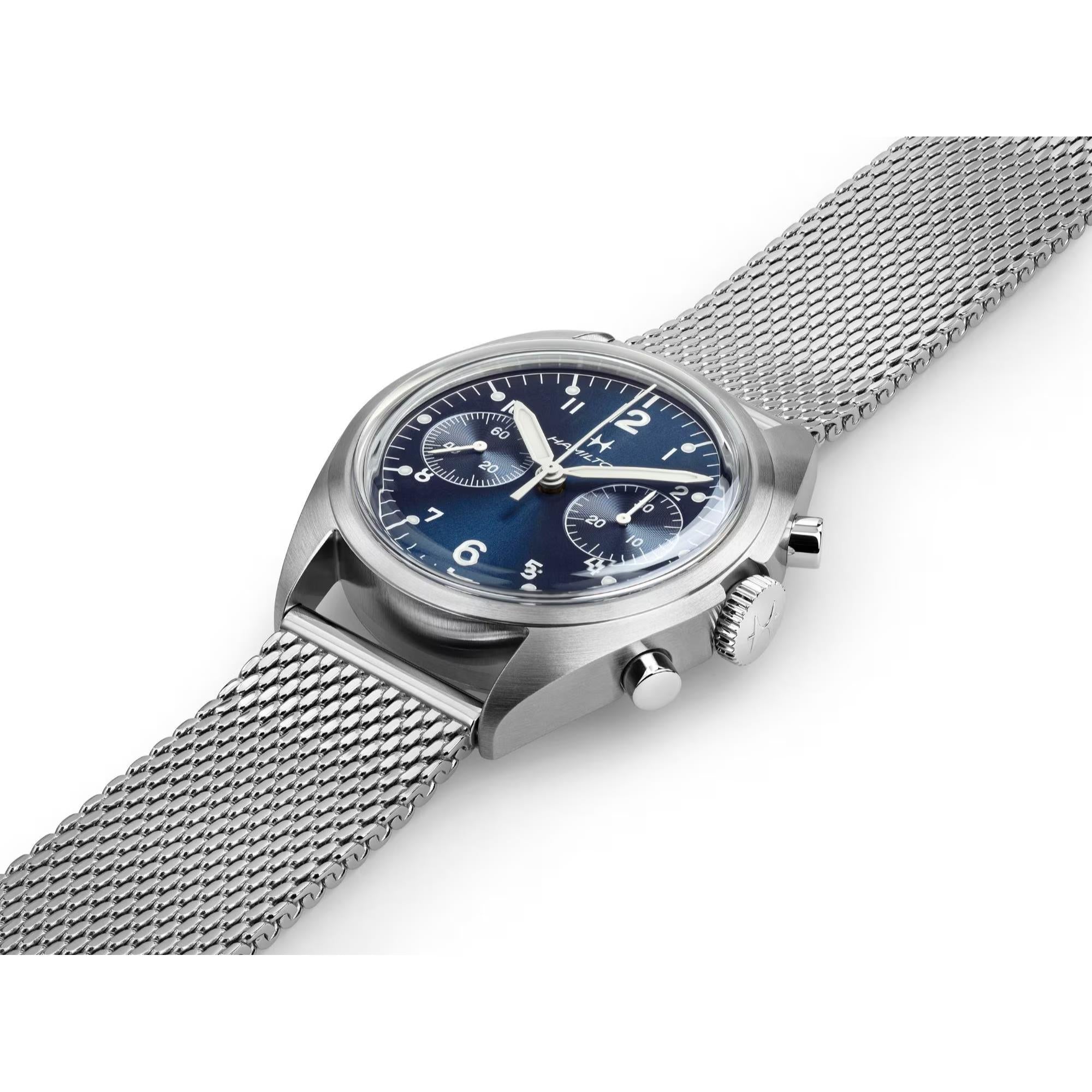 Hamilton Khaki Aviation Pilot Pioneer Mechanical Chronograph Blue Dial Steel Strap Men's Watch H76409140