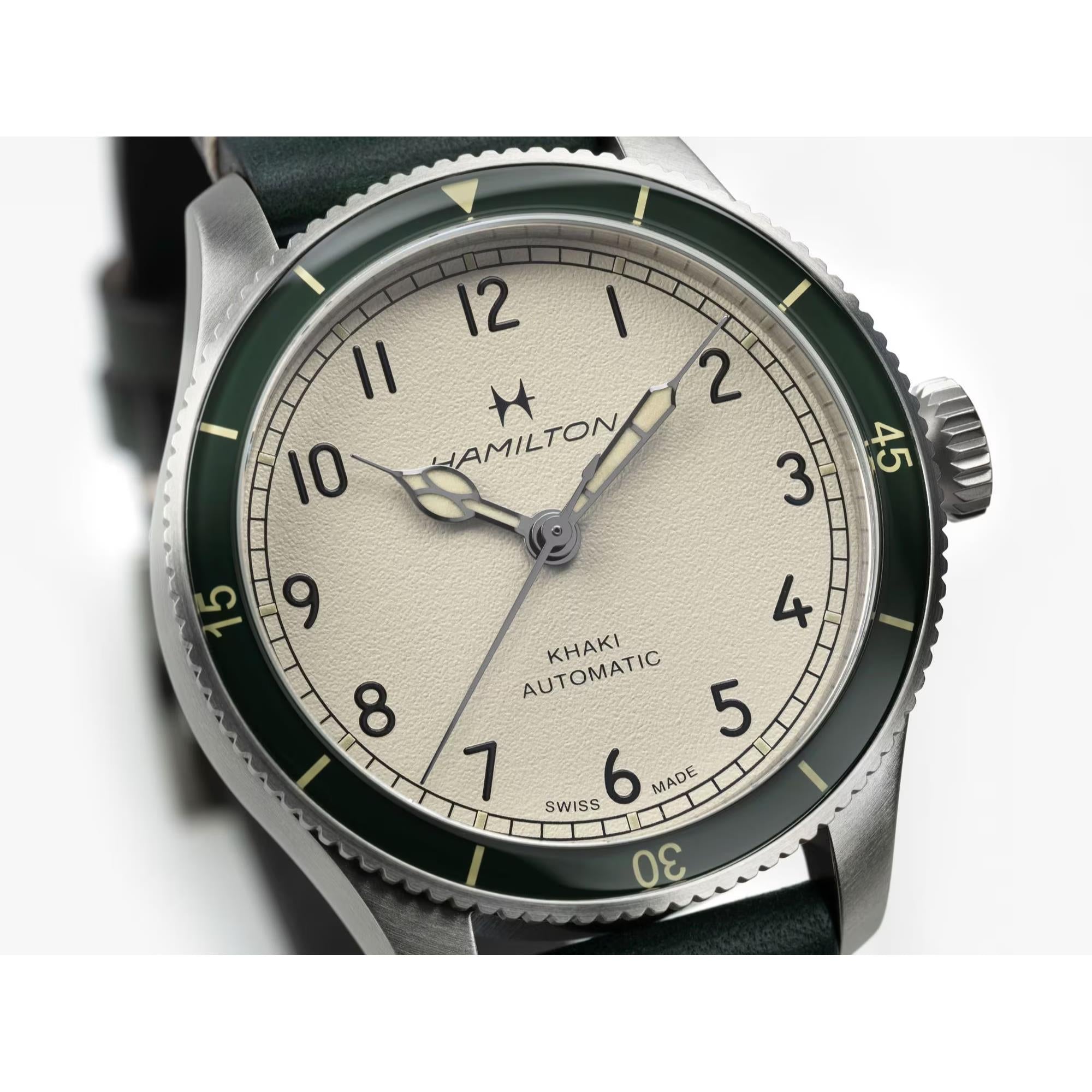 Hamilton Khaki Aviation Pilot Pioneer Automatic Eggshell-White Dial Green Leather Strap Men's Watch H76255810
