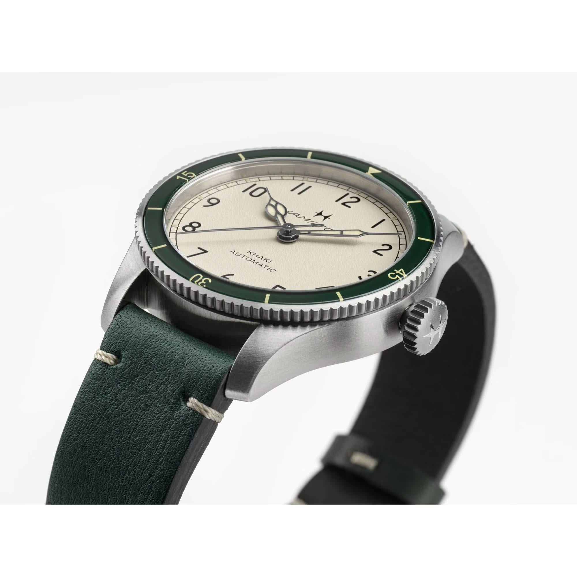 Hamilton Khaki Aviation Pilot Pioneer Automatic Eggshell-White Dial Green Leather Strap Men's Watch H76255810