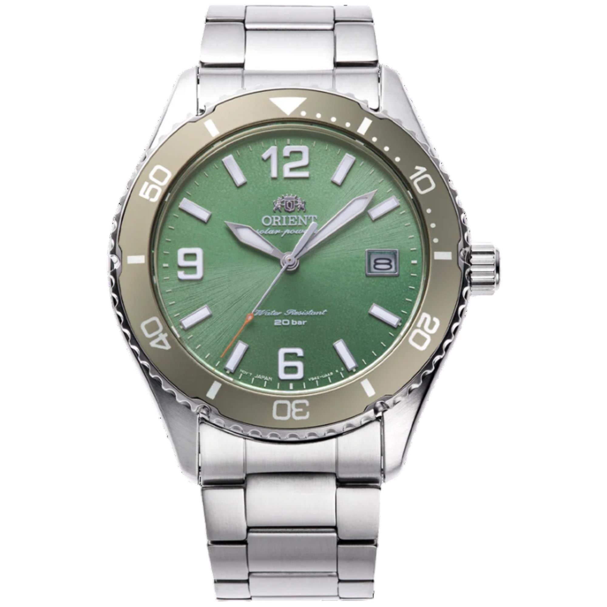 Orient Mako Solar Quartz Green Dial Steel Strap Men's Watch RA-WJ0001E10B