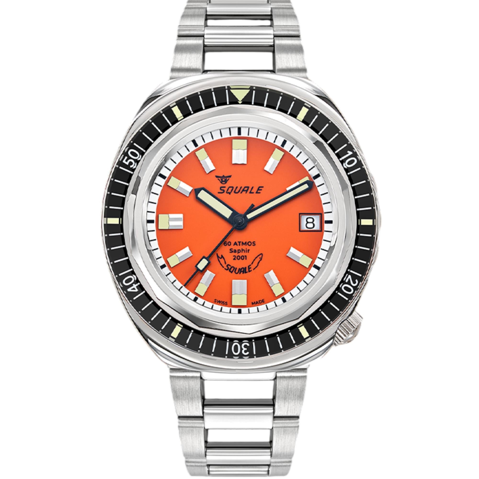 Squale 2001 Reverse Automatic Orange Dial Steel Strap Men's Watch 2001BKOR.AC