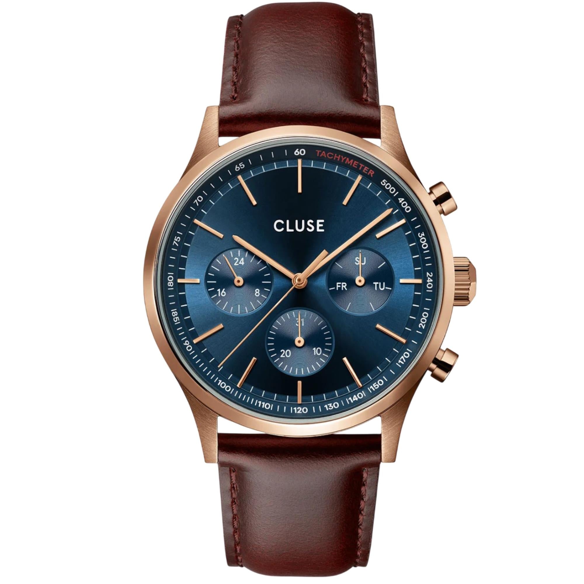 CLUSE Anthéor Quartz Chronograph Blue Dial Leather Strap Men's Watch CW21009