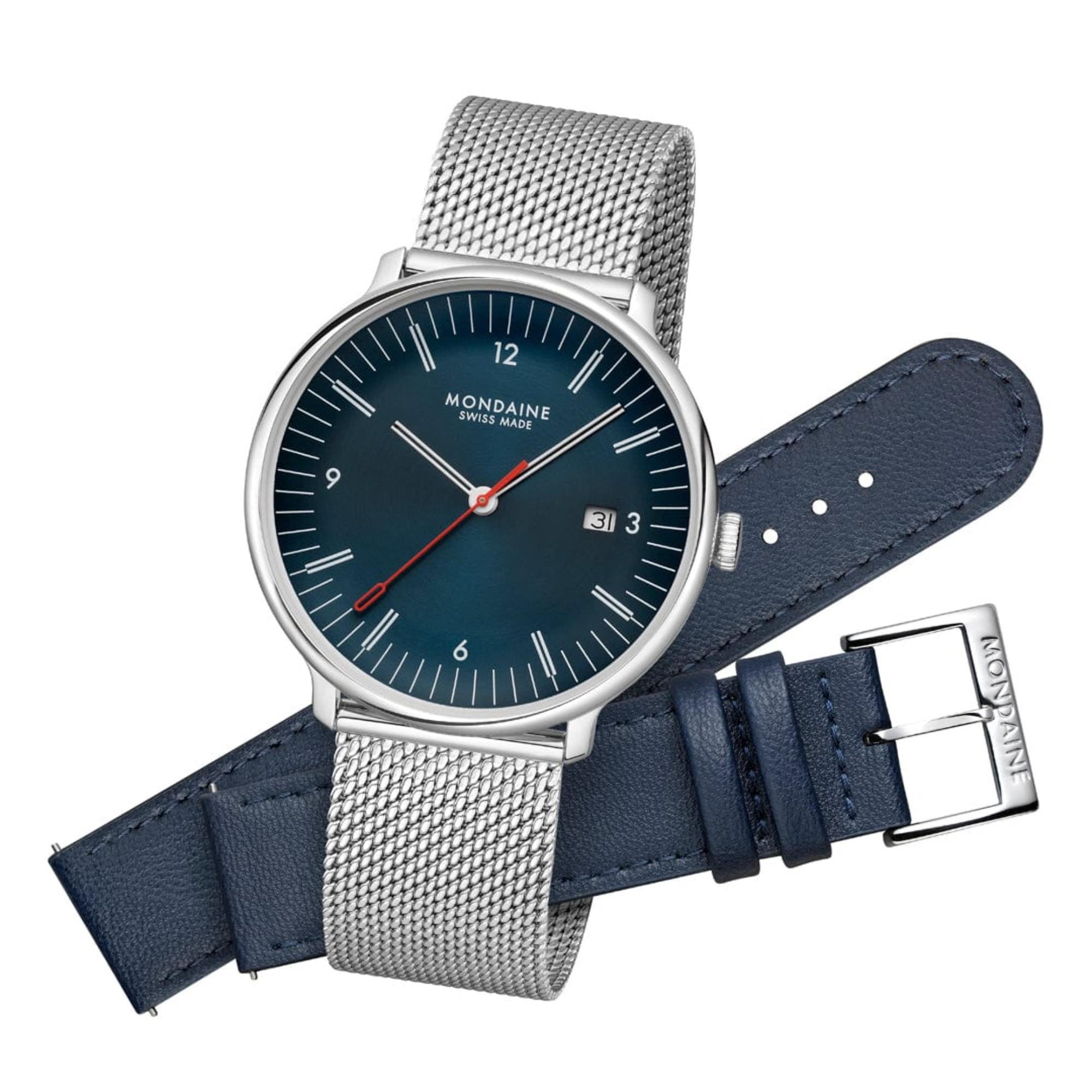 Mondaine Doppio Quartz Blue Dial Leather and Steel Strap Men's Watch MLE.41240.LQV.SET
