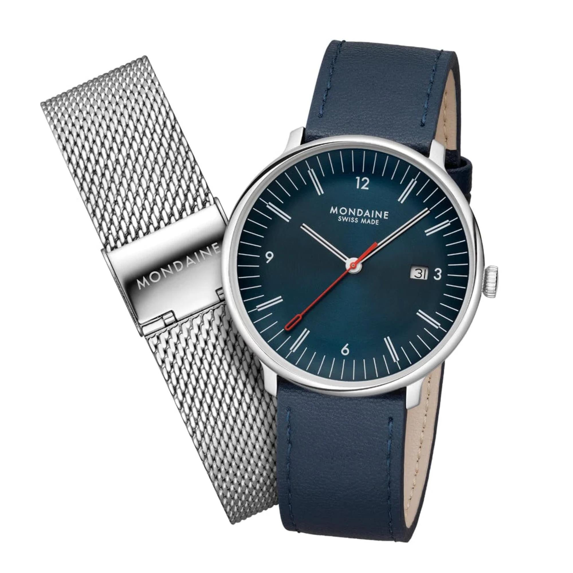 Mondaine Doppio Quartz Blue Dial Leather and Steel Strap Men's Watch MLE.41240.LQV.SET