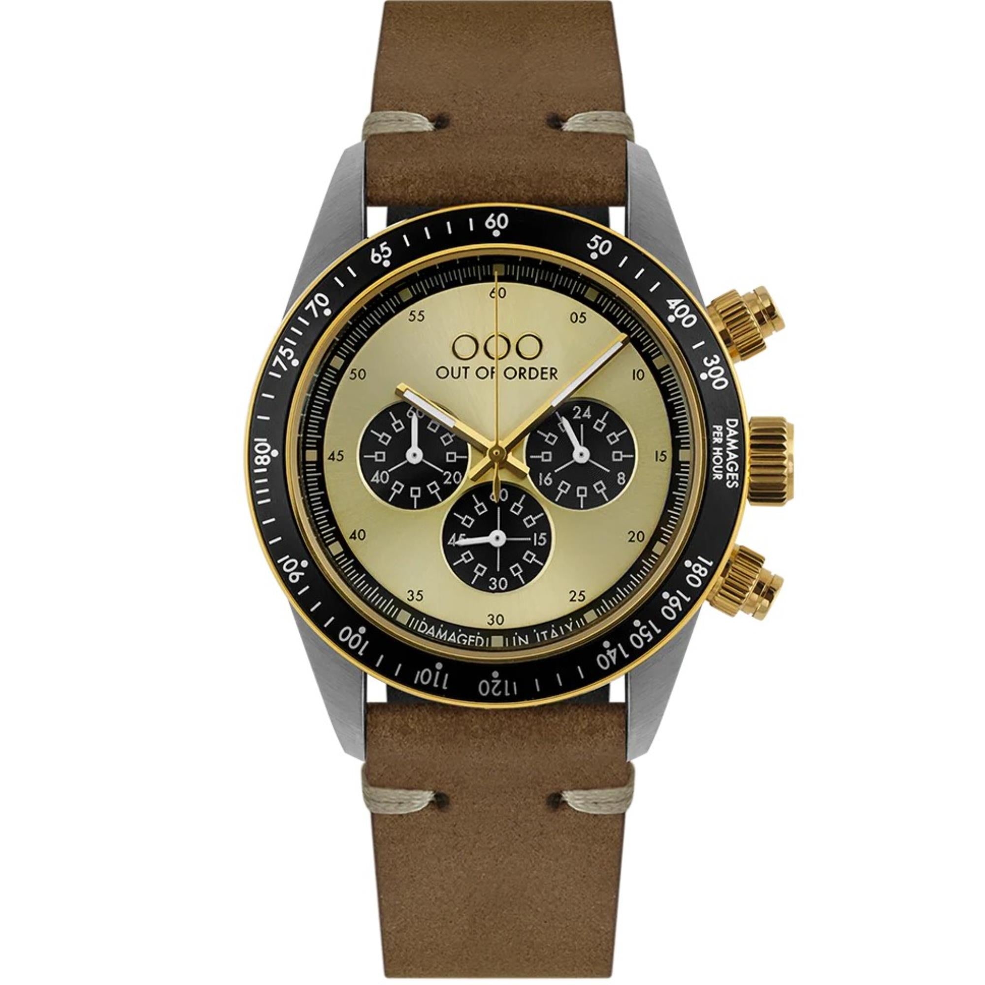 Out Of Order Supervintage Chrono Quartz Gold Dial Leather Strap Men's Watch OOO.001-30.GL.AC