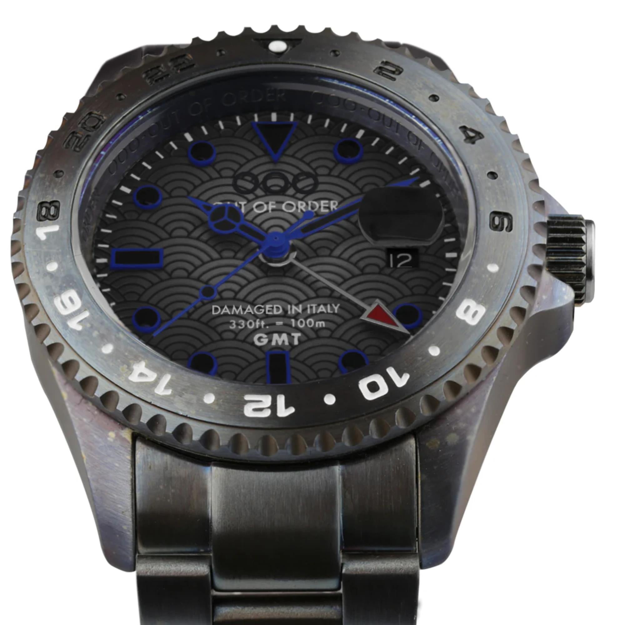 Out of Order GMT Tokyo Shibuya Swiss Made Ultra Distressed Dark Grey Dial Steel Strap Men's Watch OOO.001-19.TS