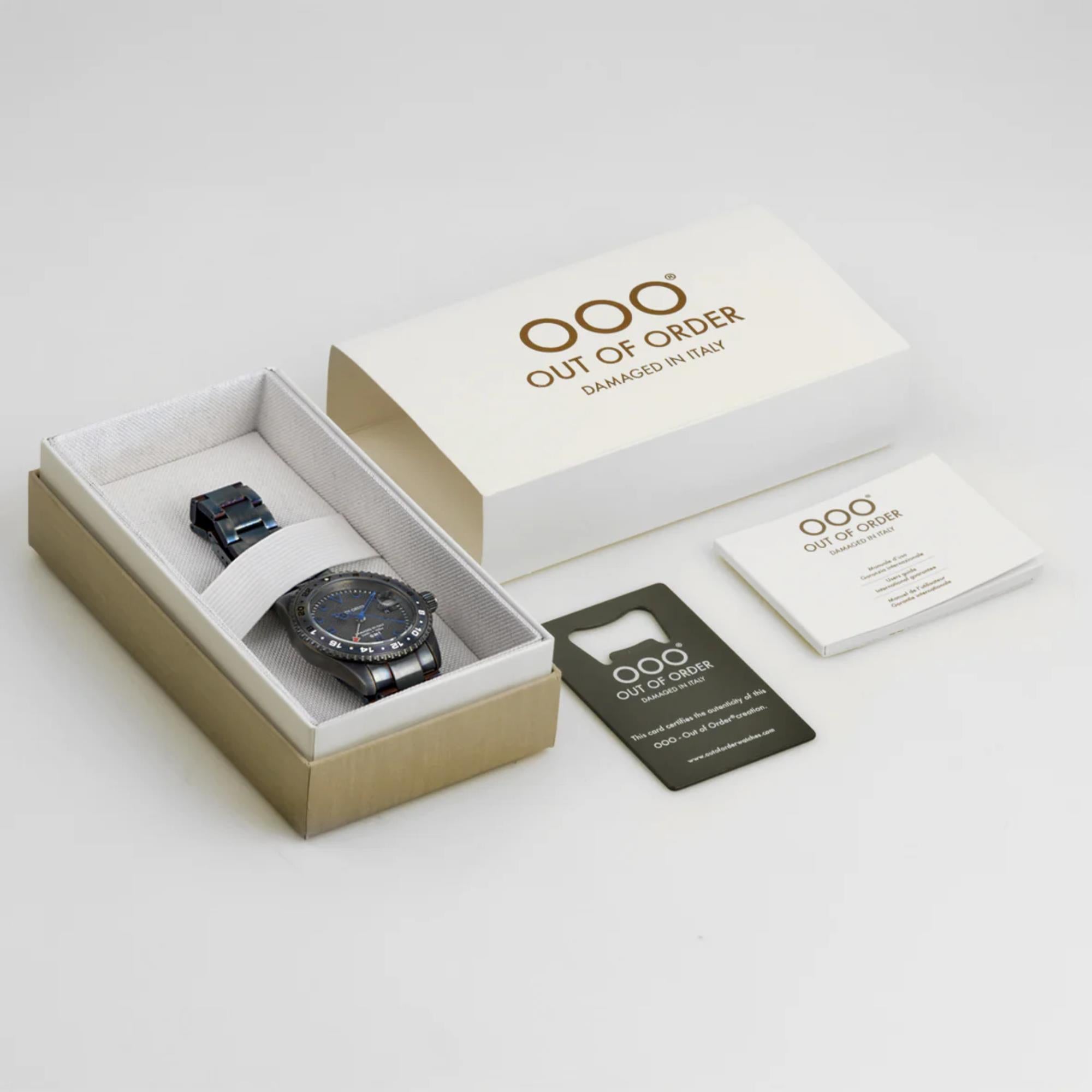 Out of Order GMT Tokyo Shibuya Swiss Made Ultra Distressed Dark Grey Dial Steel Strap Men's Watch OOO.001-19.TS