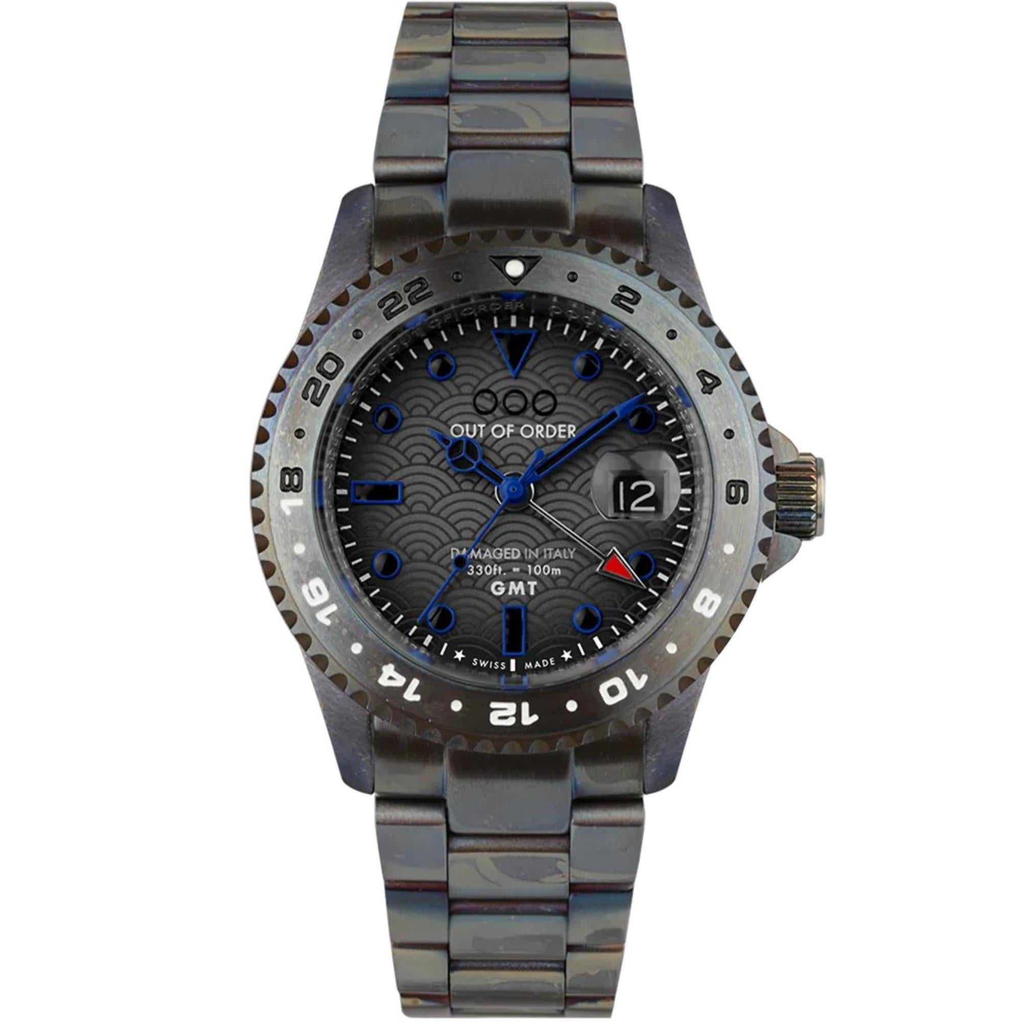 Out of Order GMT Tokyo Shibuya Swiss Made Ultra Distressed Dark Grey Dial Steel Strap Men's Watch OOO.001-19.TS