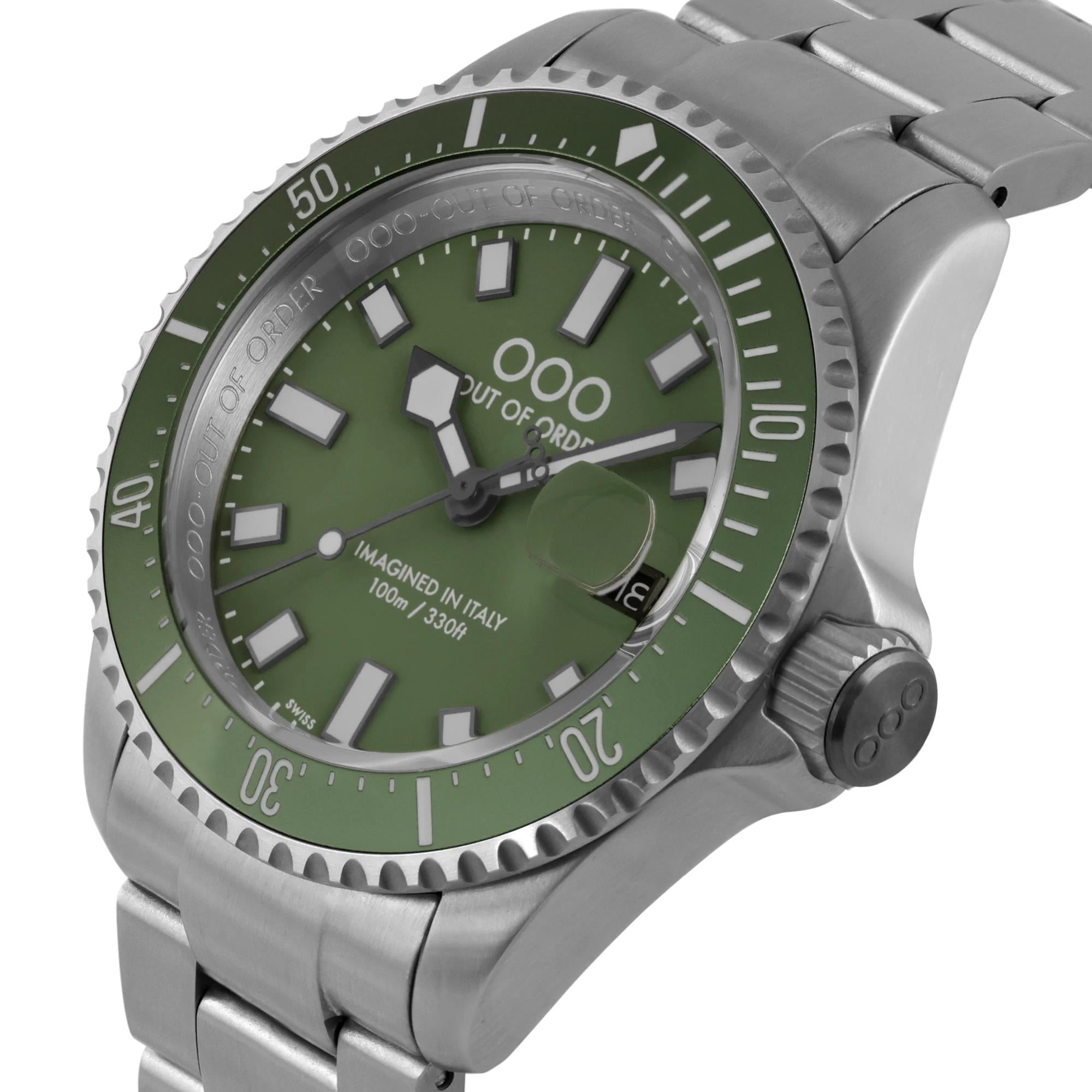Out of Order Verde Oliva Casanova Ultra Brushed Quartz Green Dial Steel Strap Men's Watch OOO.001-27.VE.SS