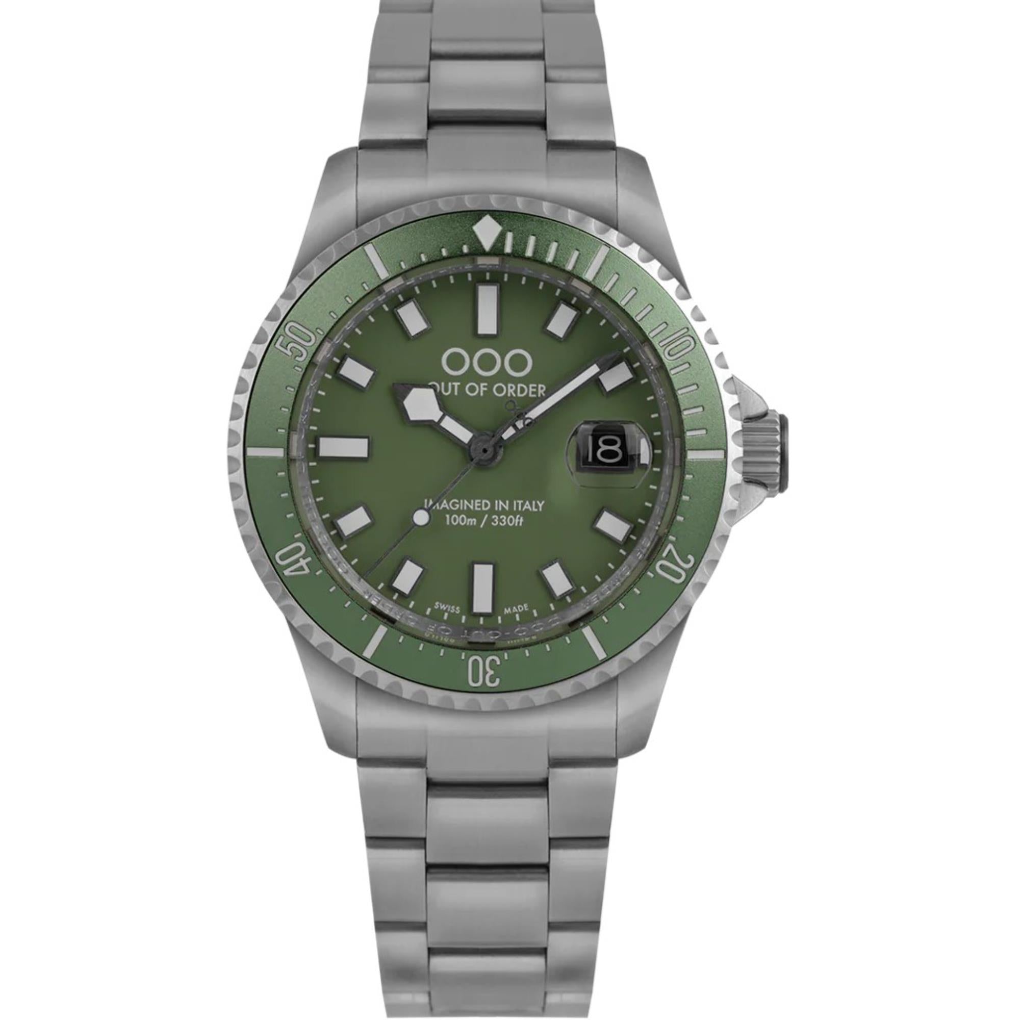 Out of Order Verde Oliva Casanova Ultra Brushed Quartz Green Dial Steel Strap Men's Watch OOO.001-27.VE.SS