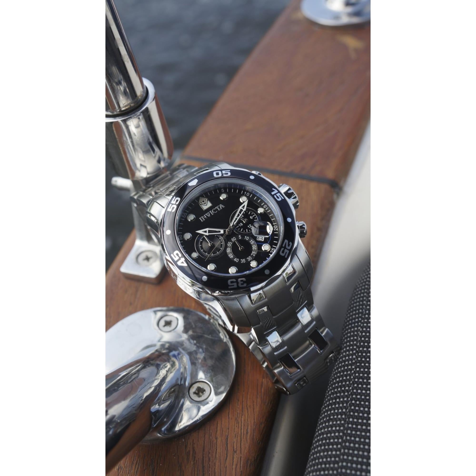 Invicta Pro Diver Scuba Quartz Chronograph Black Dial Steel Strap Men's Watch 0069