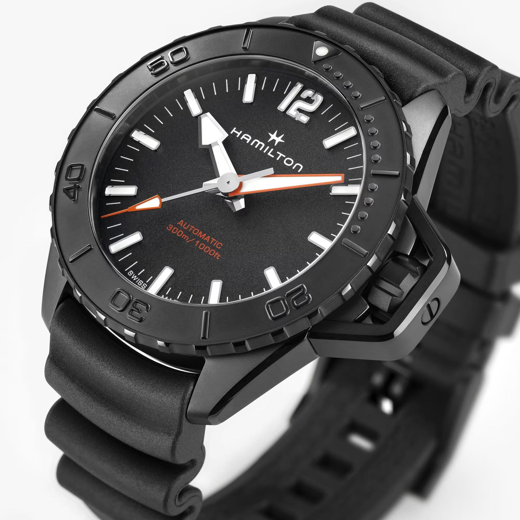 Hamilton Khaki Navy Frogman Automatic Black Dial Rubber Strap Men's Watch H77855330