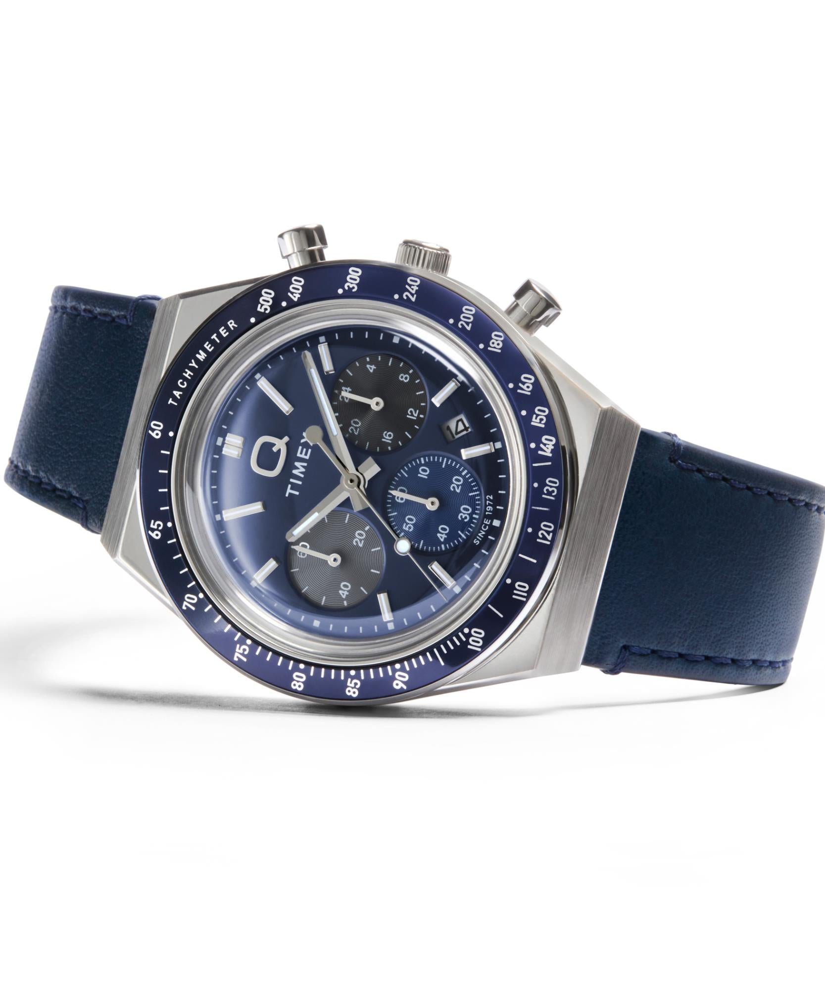 Timex Q Chronograph Quartz Blue Dial Leather Strap Men's Watch TW2Y36100