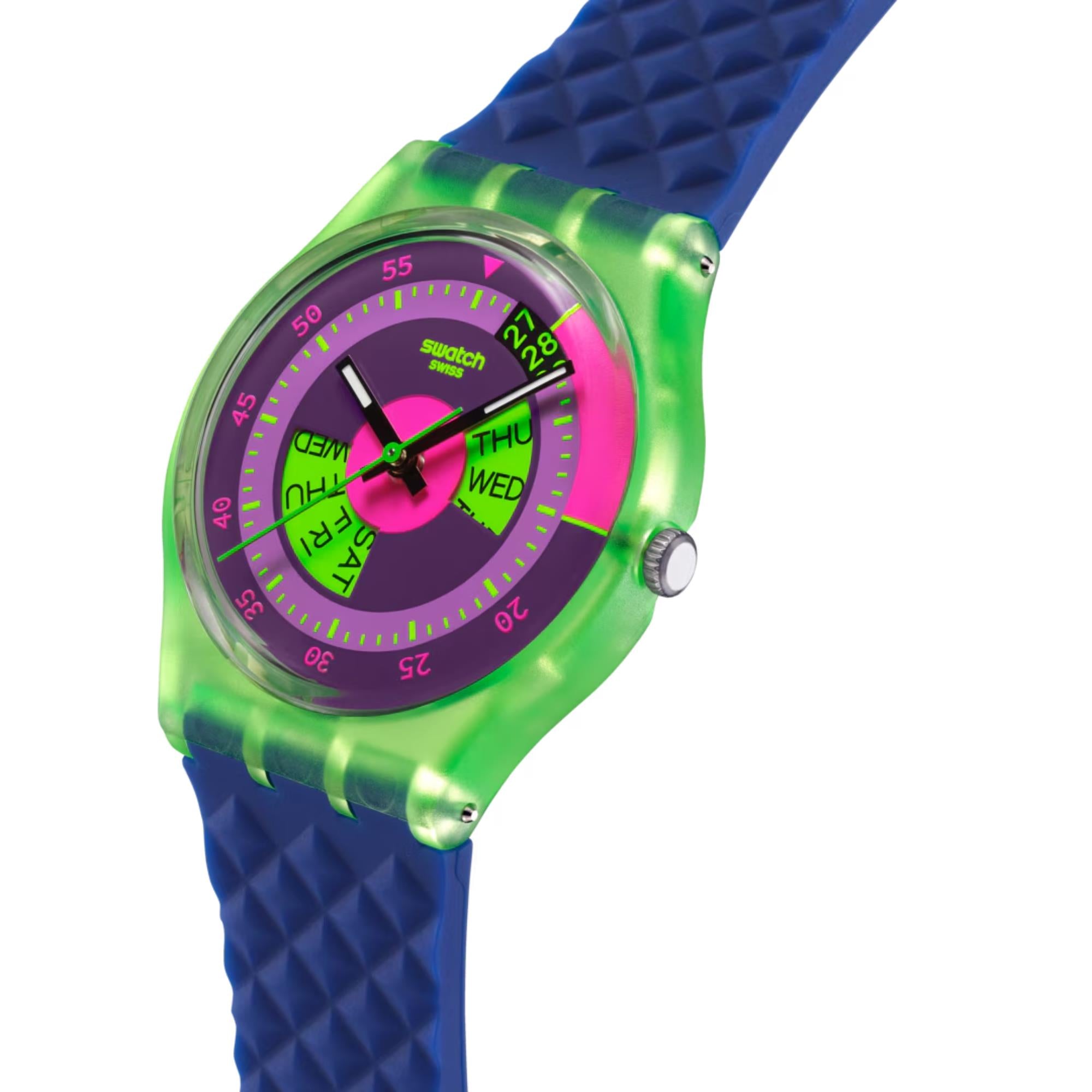 Swatch Originals Neon Skychart Quartz Purple Dial Silicone Strap Unisex Watch SO28G704