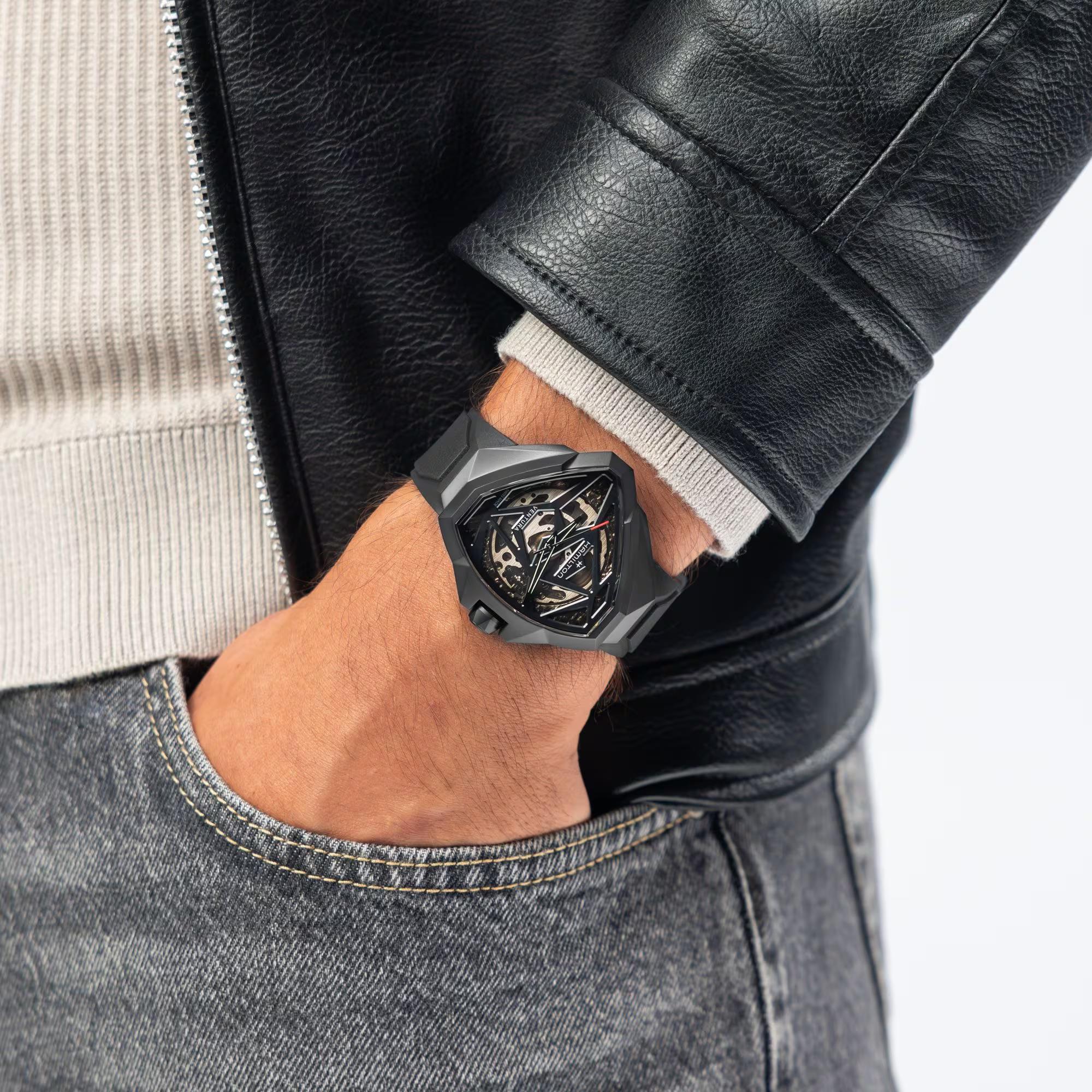 Hamilton Ventura Edge Skeleton Automatic Black Dial Rubber Strap Men's Watch H24645330