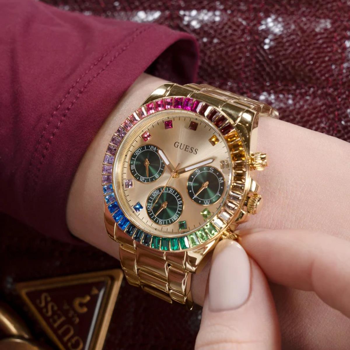 GUESS Halo Chronograph Champagne Dial Steel Strap Ladies Watch GW0690L4