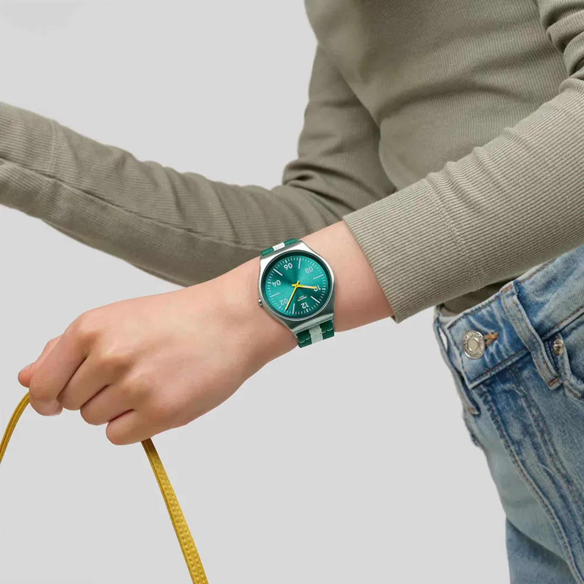 Swatch Skin Irony Casual Stripe Green Dial Textile Strap Unisex Watch SS07S149