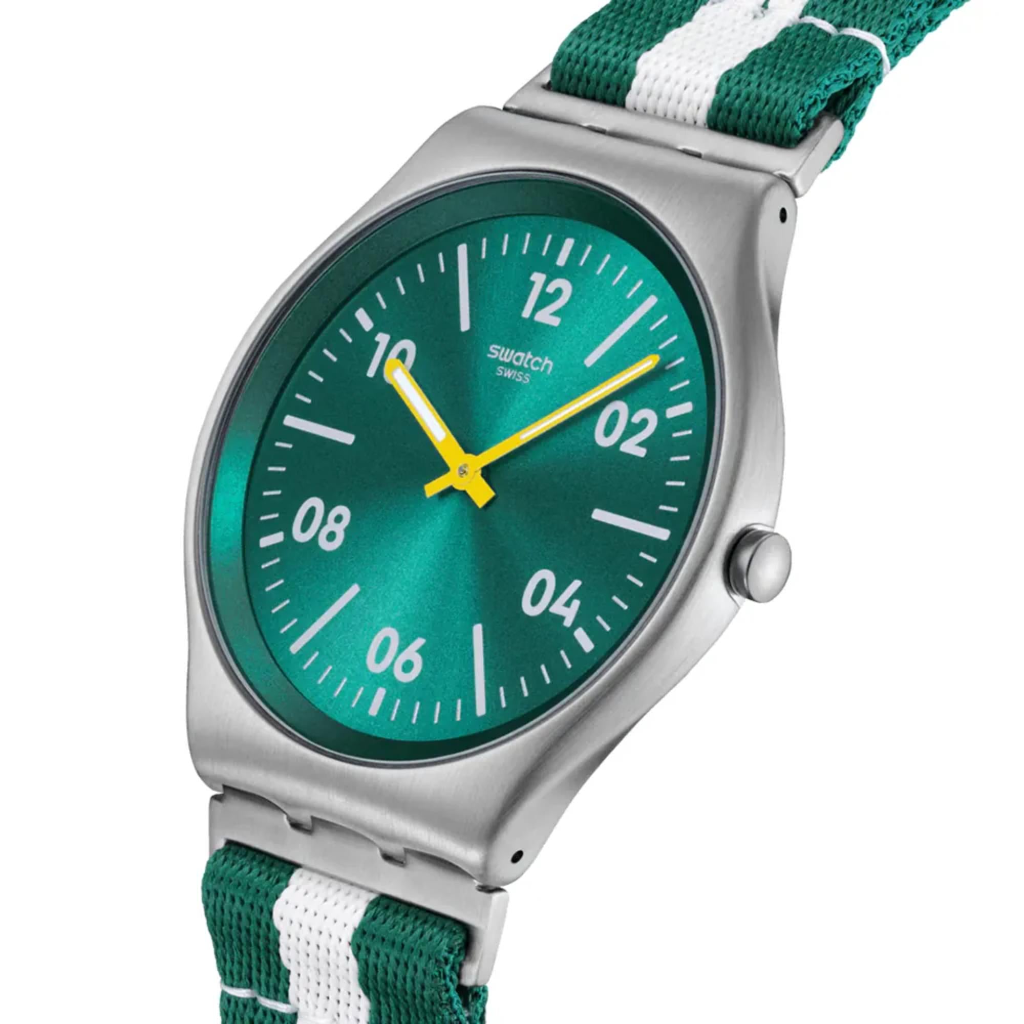 Swatch Skin Irony Casual Stripe Green Dial Textile Strap Unisex Watch SS07S149