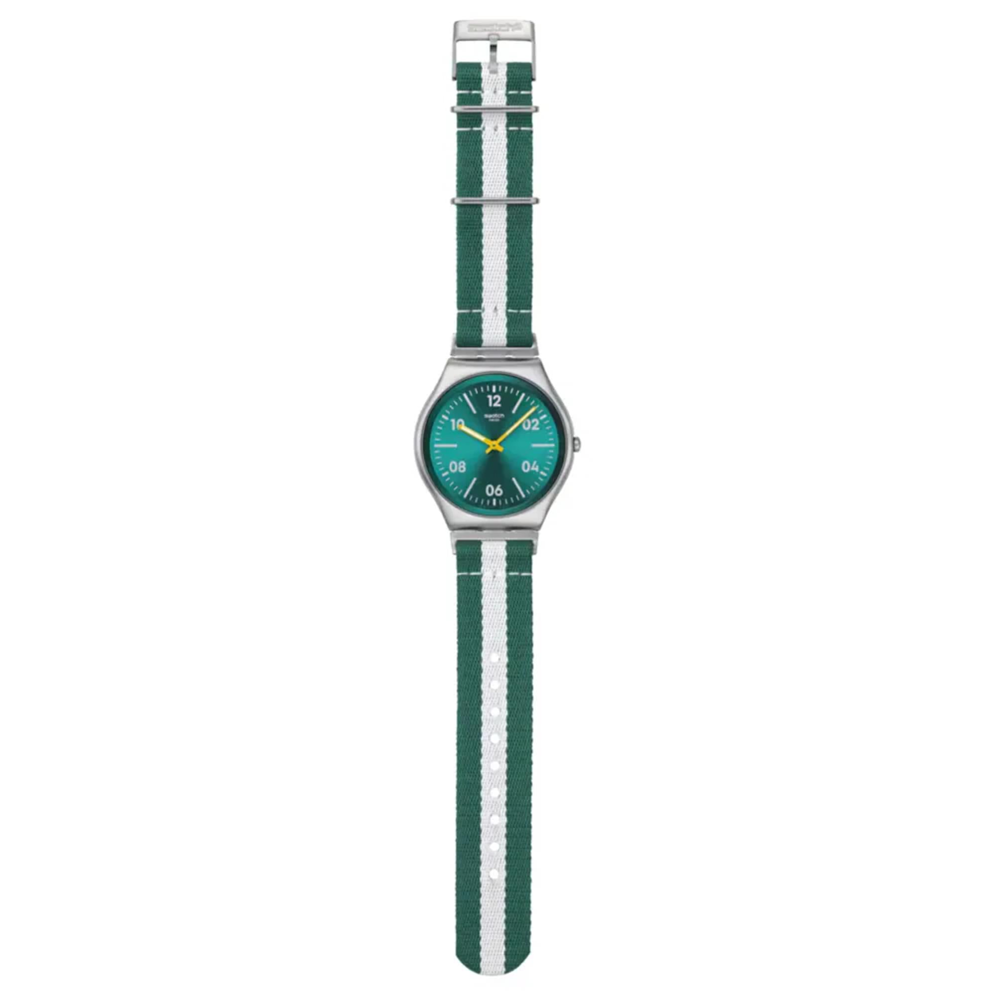 Swatch Skin Irony Casual Stripe Green Dial Textile Strap Unisex Watch SS07S149