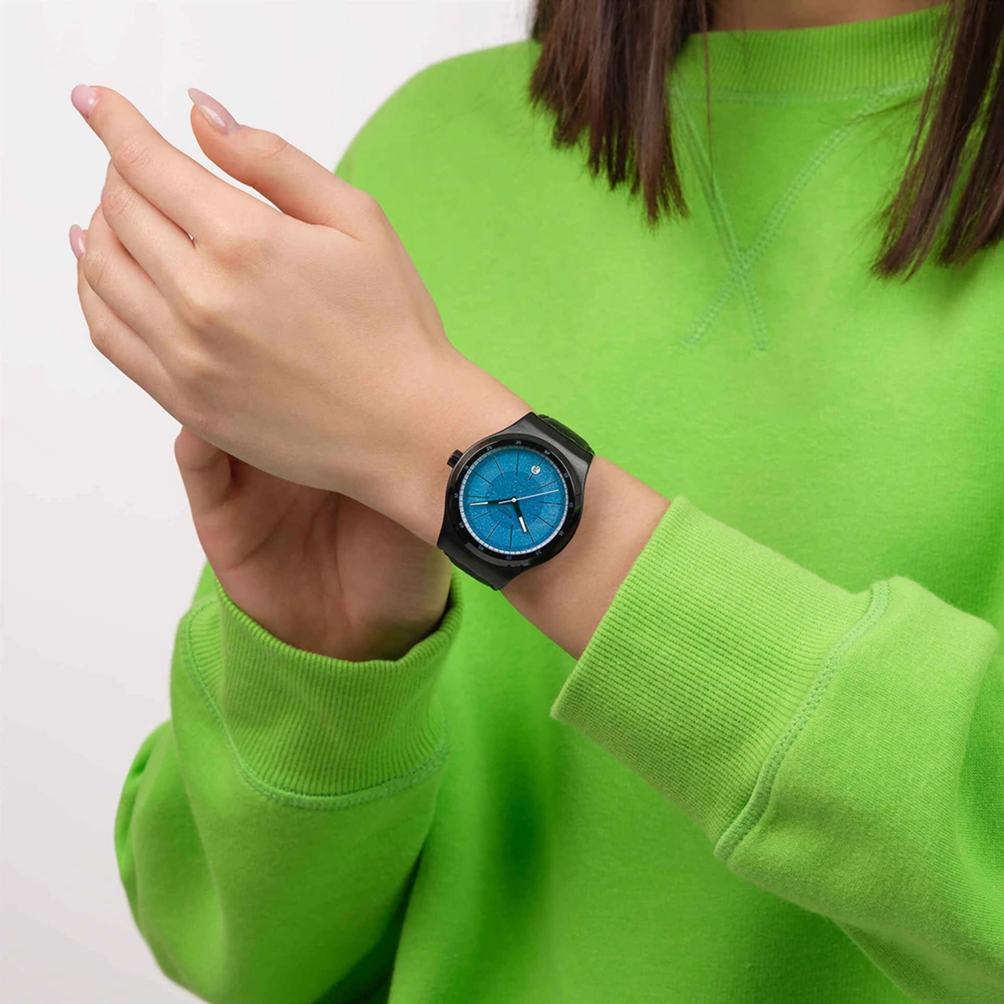 Swatch Irony Blackcloack Mechanism Blue Dial Leather Strap Unisex Watch YIB408