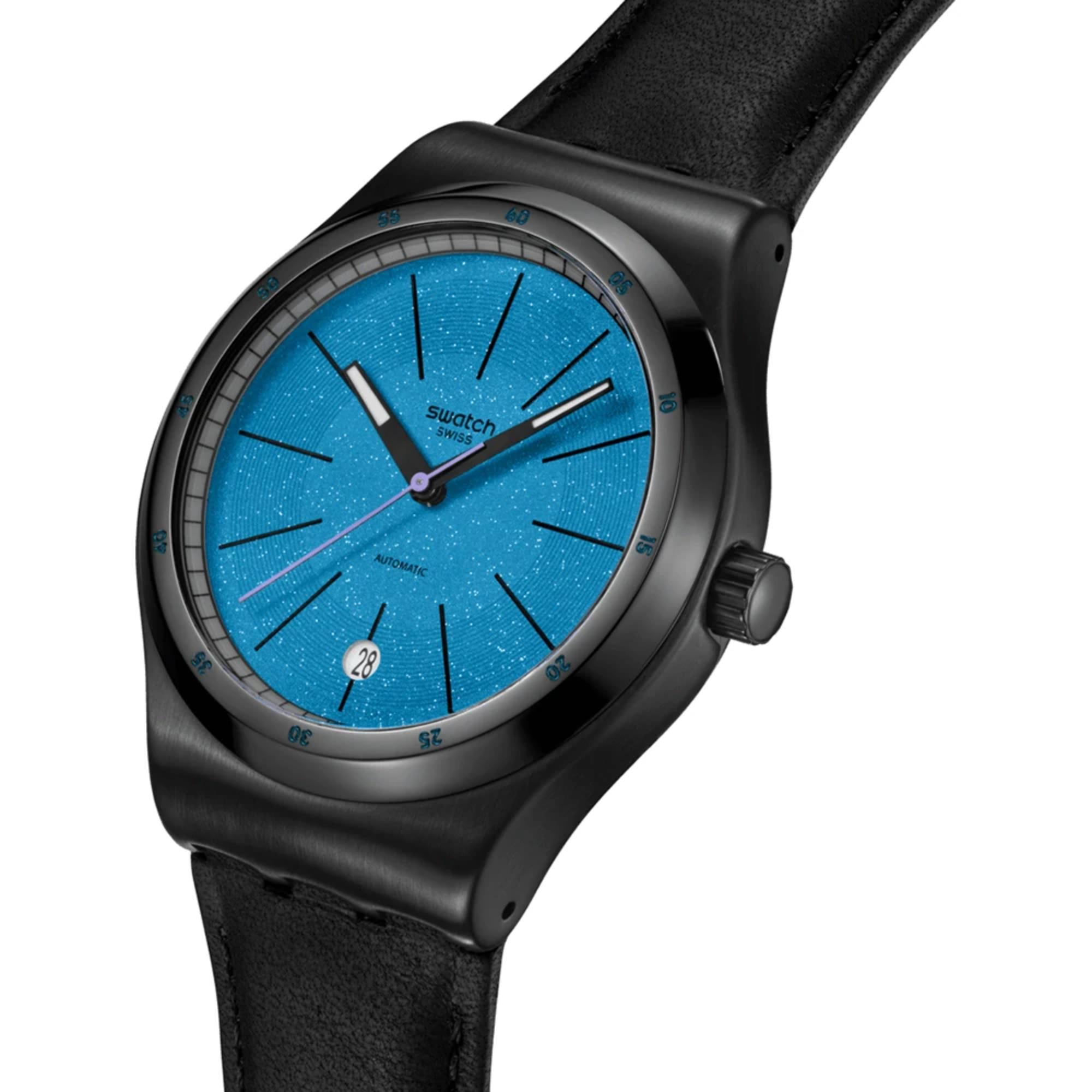 Swatch Irony Blackcloack Mechanism Blue Dial Leather Strap Unisex Watch YIB408