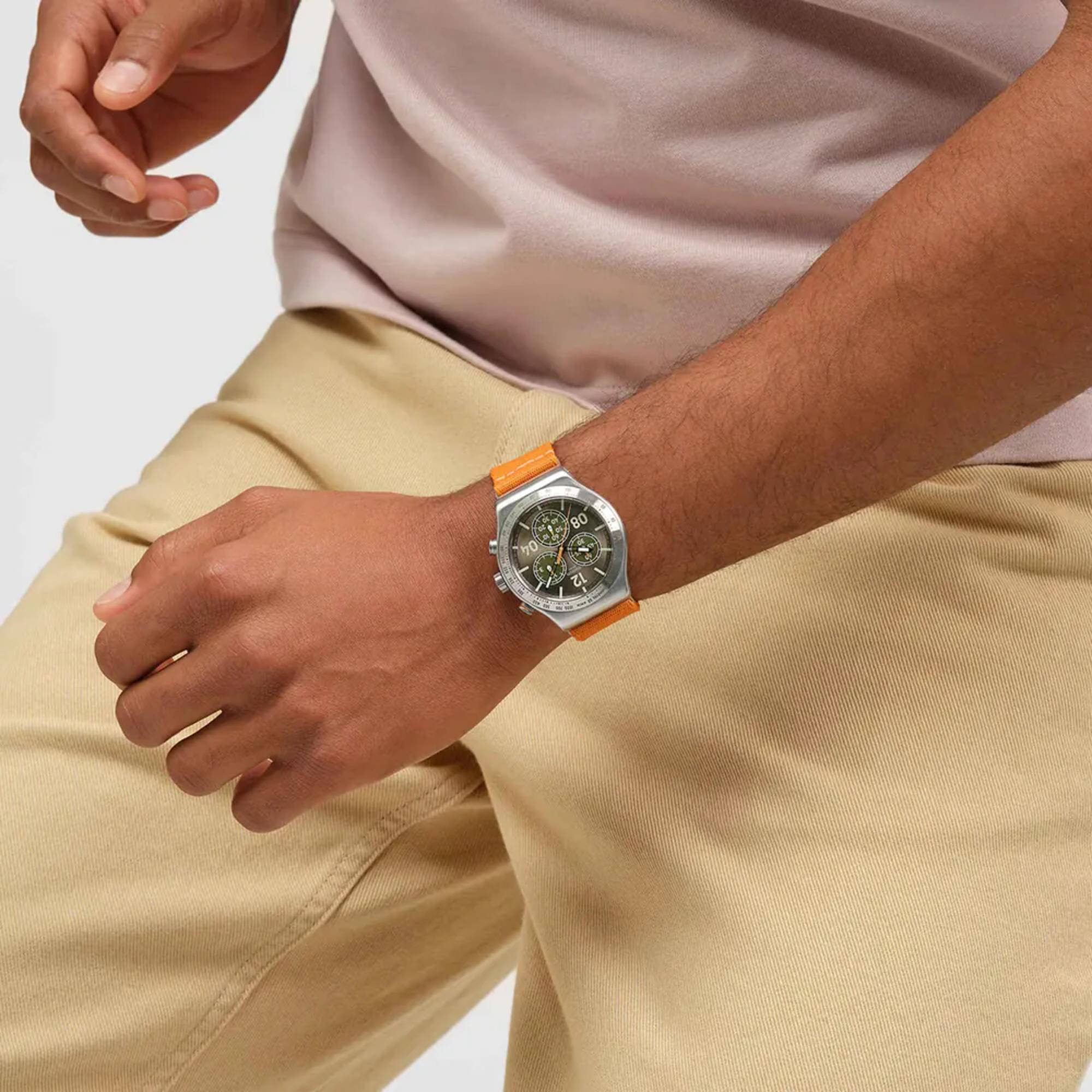 Swatch Irony Vacation Time Brown Dial Textile Strap Watch YVS101