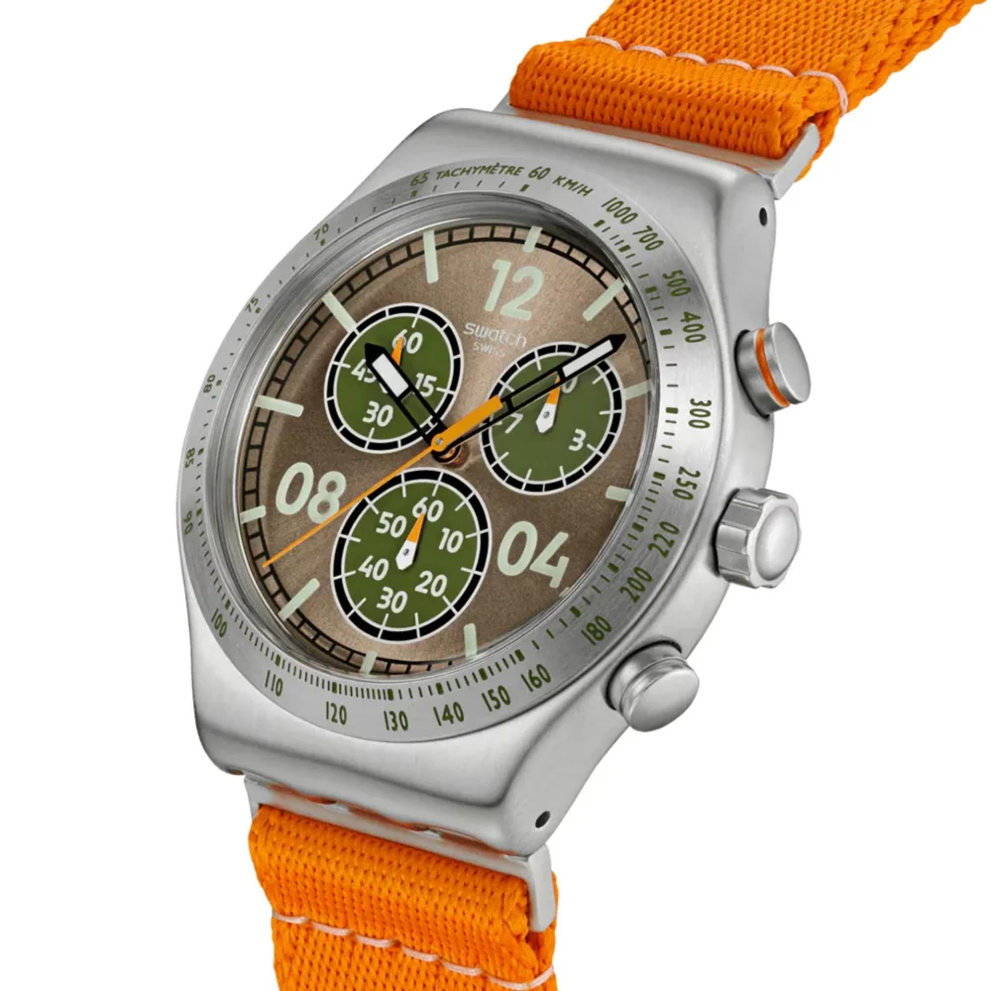 Swatch Irony Vacation Time Brown Dial Textile Strap Watch YVS101